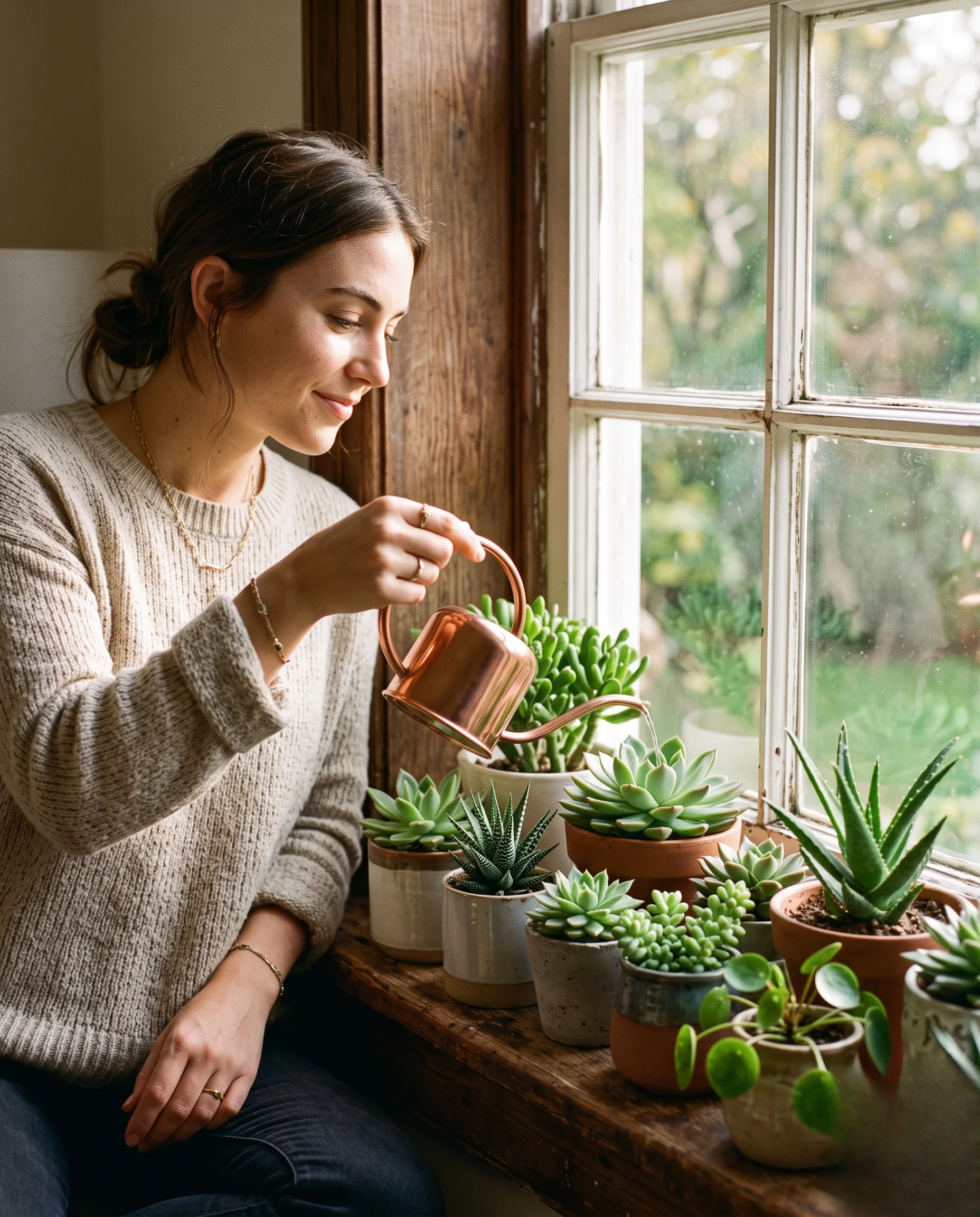 Une jeune femme arrosant délicatement ses plantes grasses placées sur le rebord d'une fenêtre ensoleillée.