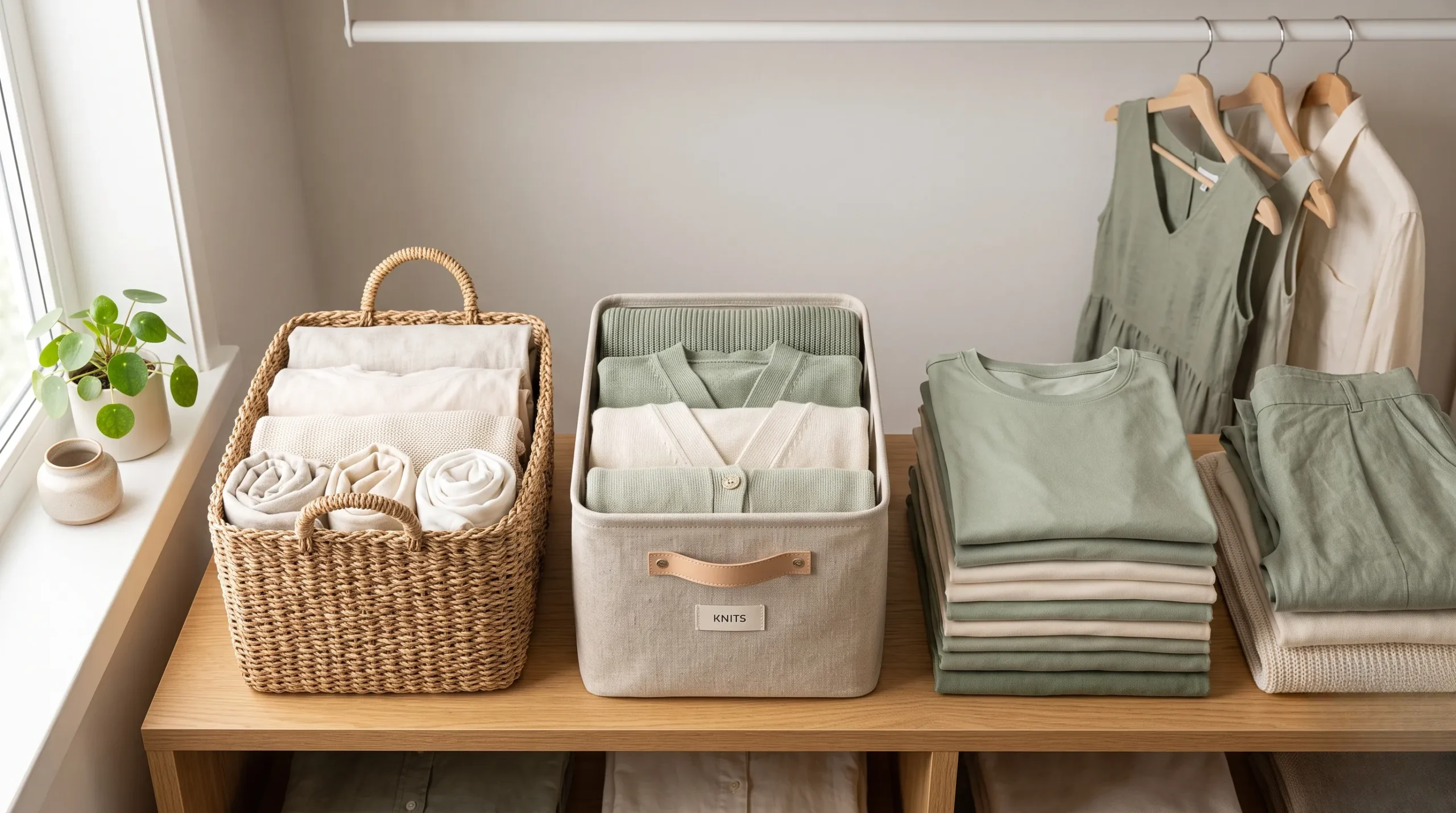 Vue de haut d'un dressing bien organisé avec des vêtements pliés dans des tons pastel et crème. Gagner de la place