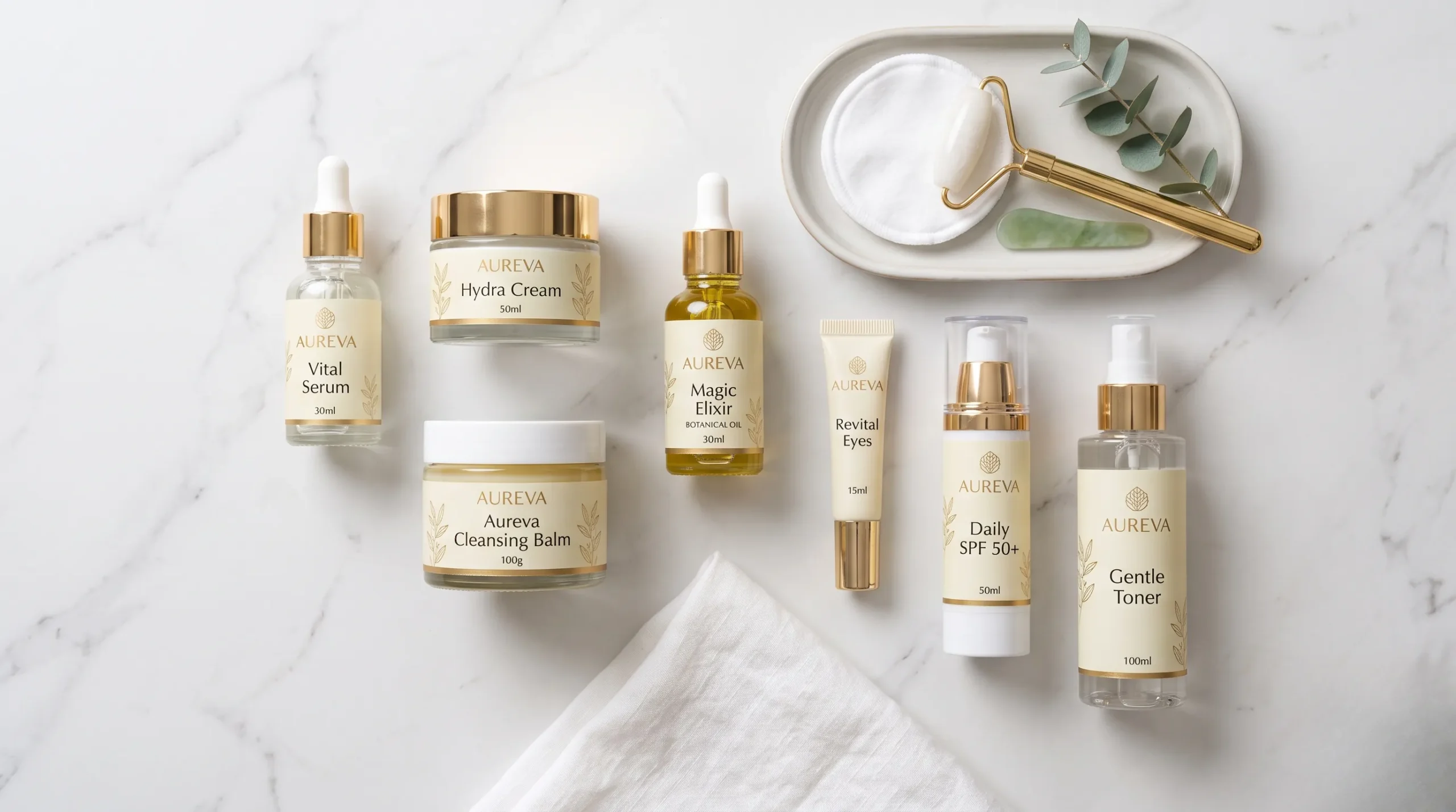 Produits de soin Aureva Magic disposés sur un marbre propre. Aureva magic avis dermatologue