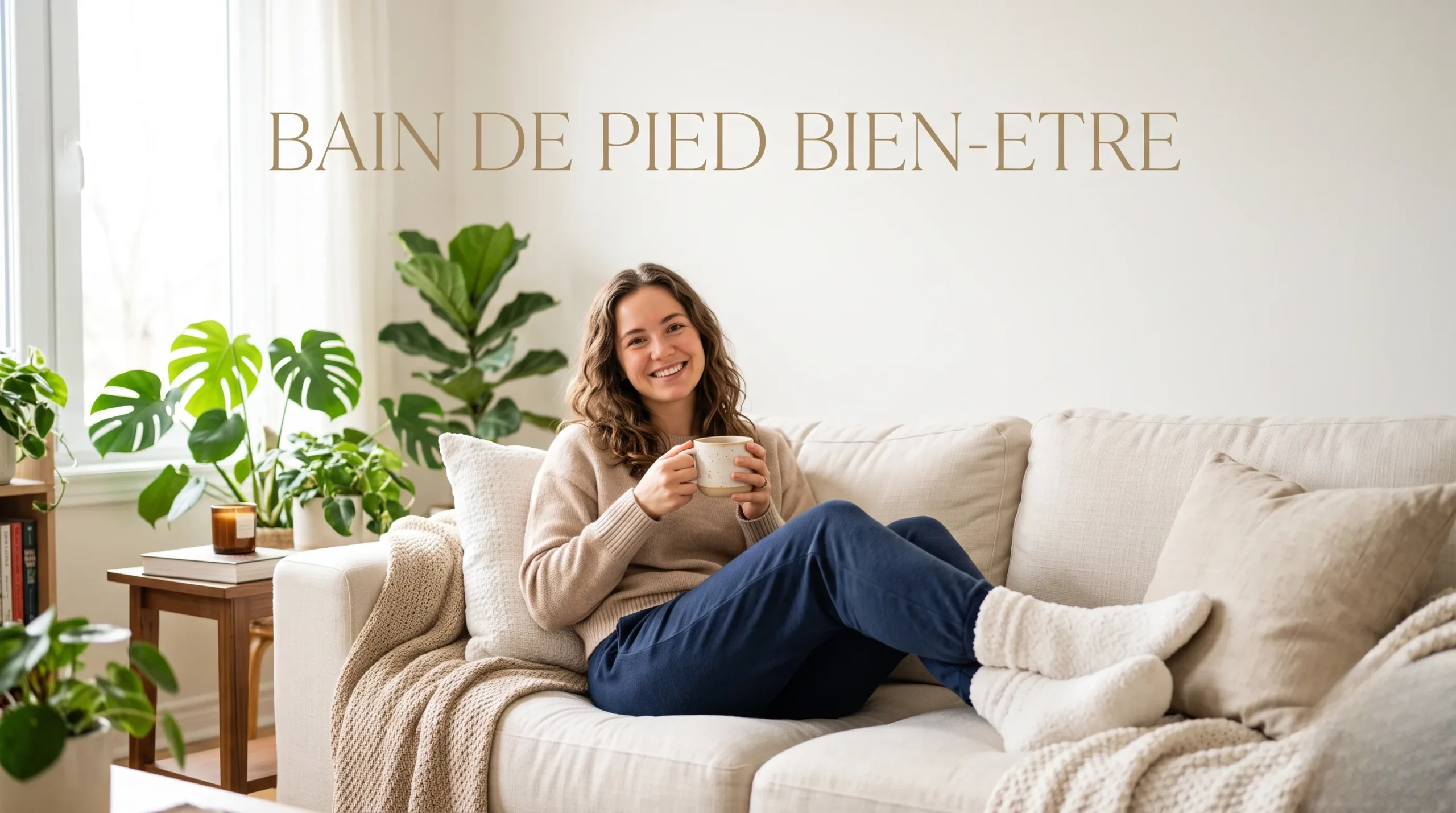 Femme détendue dans un salon chaleureux avec un espace vide pour le titre de l'article