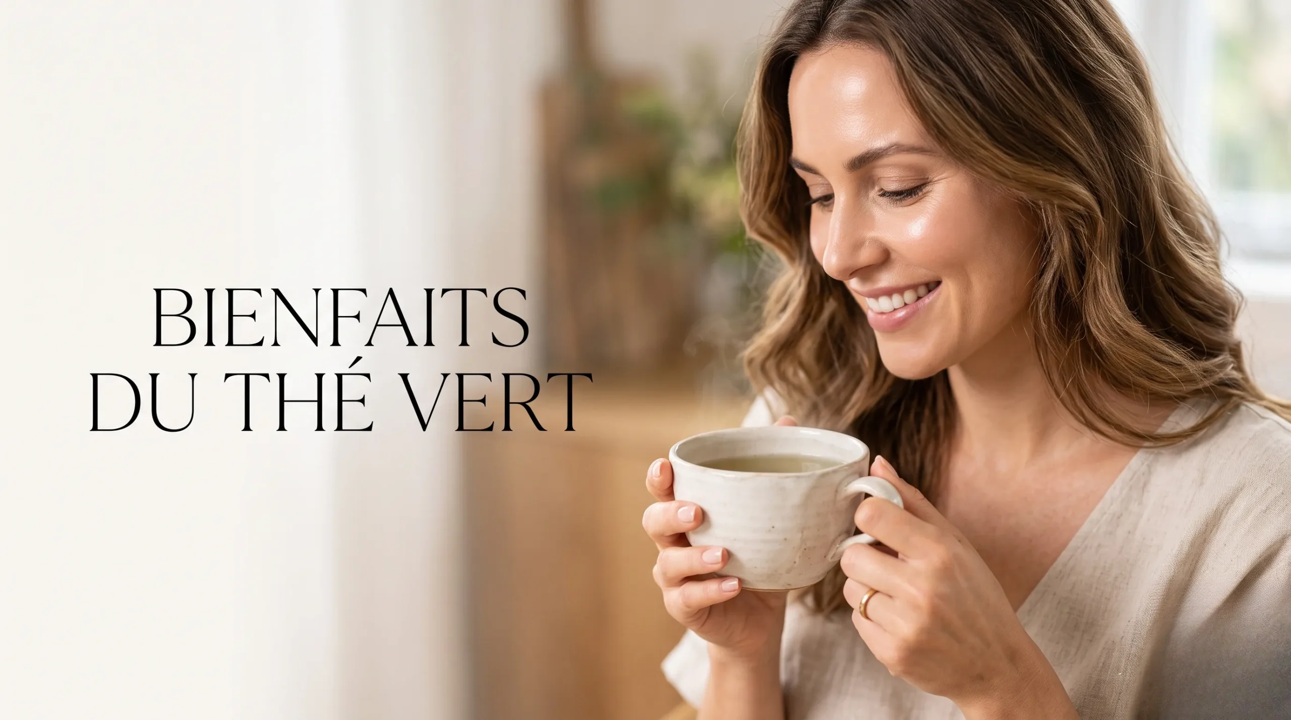 Femme au teint éclatant tenant une tasse de thé vert, style éditorial magazine santé.
