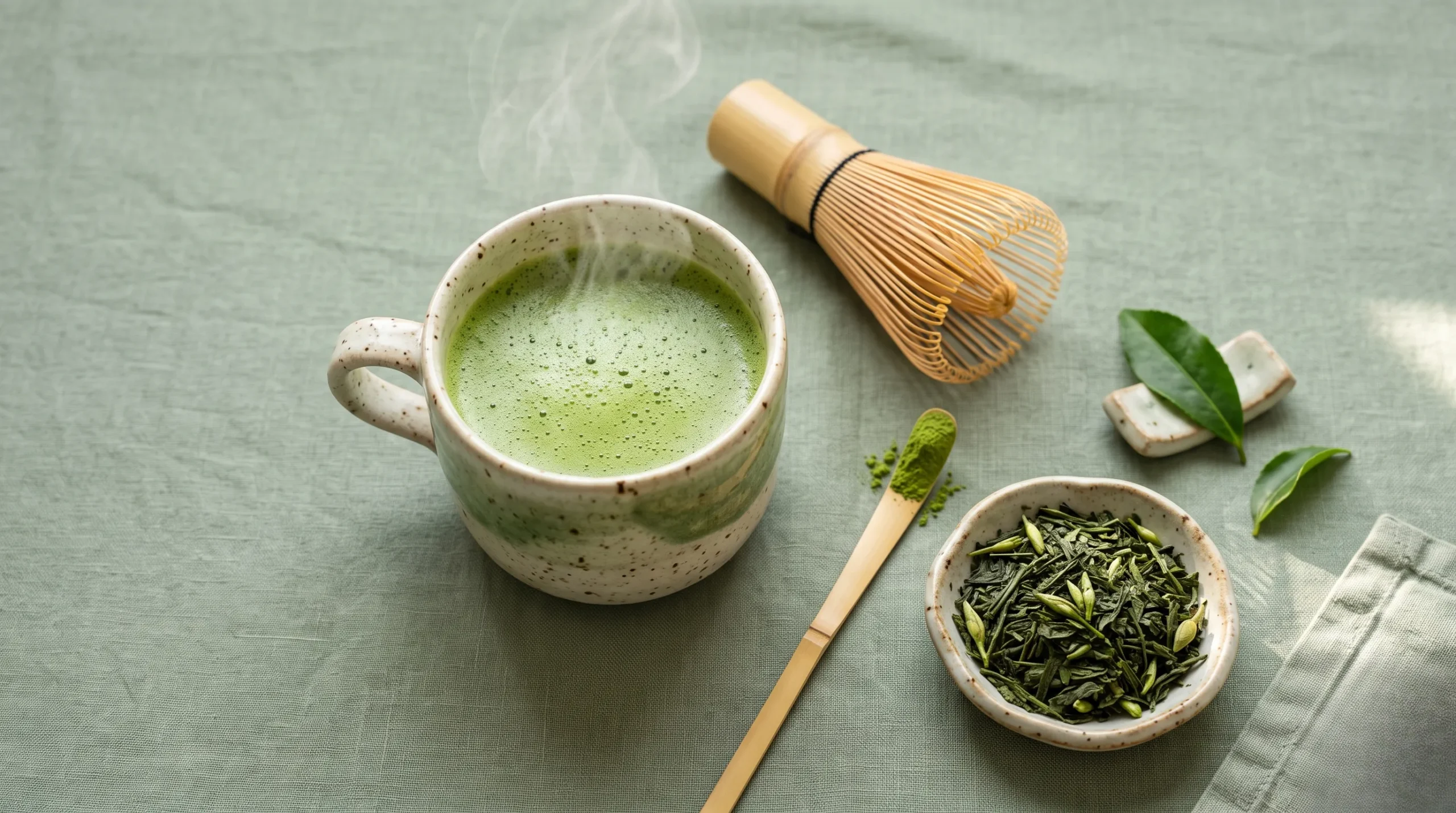 Tasse de thé vert fumant avec des feuilles fraîches sur un fond vert sauge, idéal pour une routine beauté. Bienfaits du Thé Vert