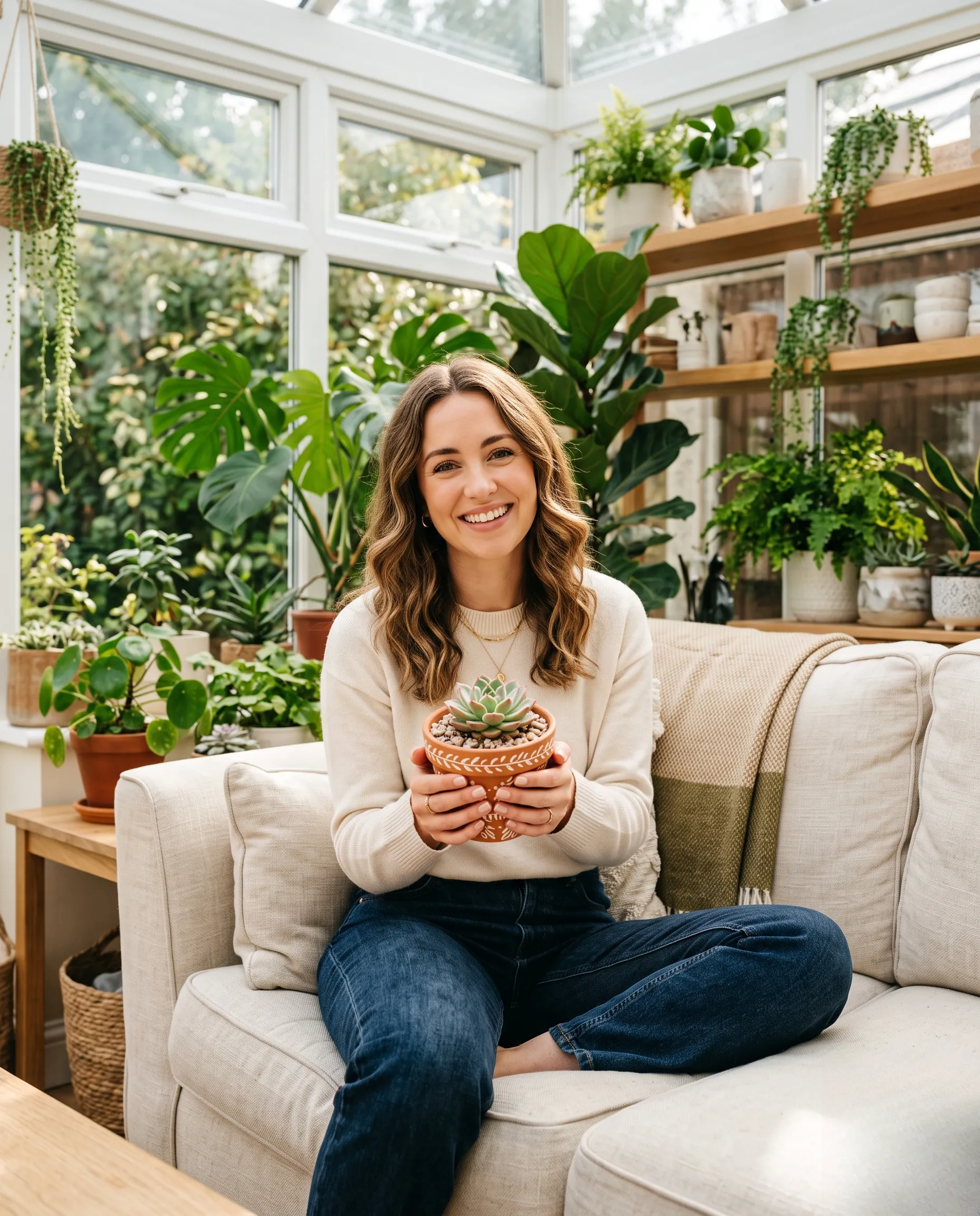 Une blogueuse lifestyle détendue dans un salon lumineux entourée de plantes d'intérieur.
