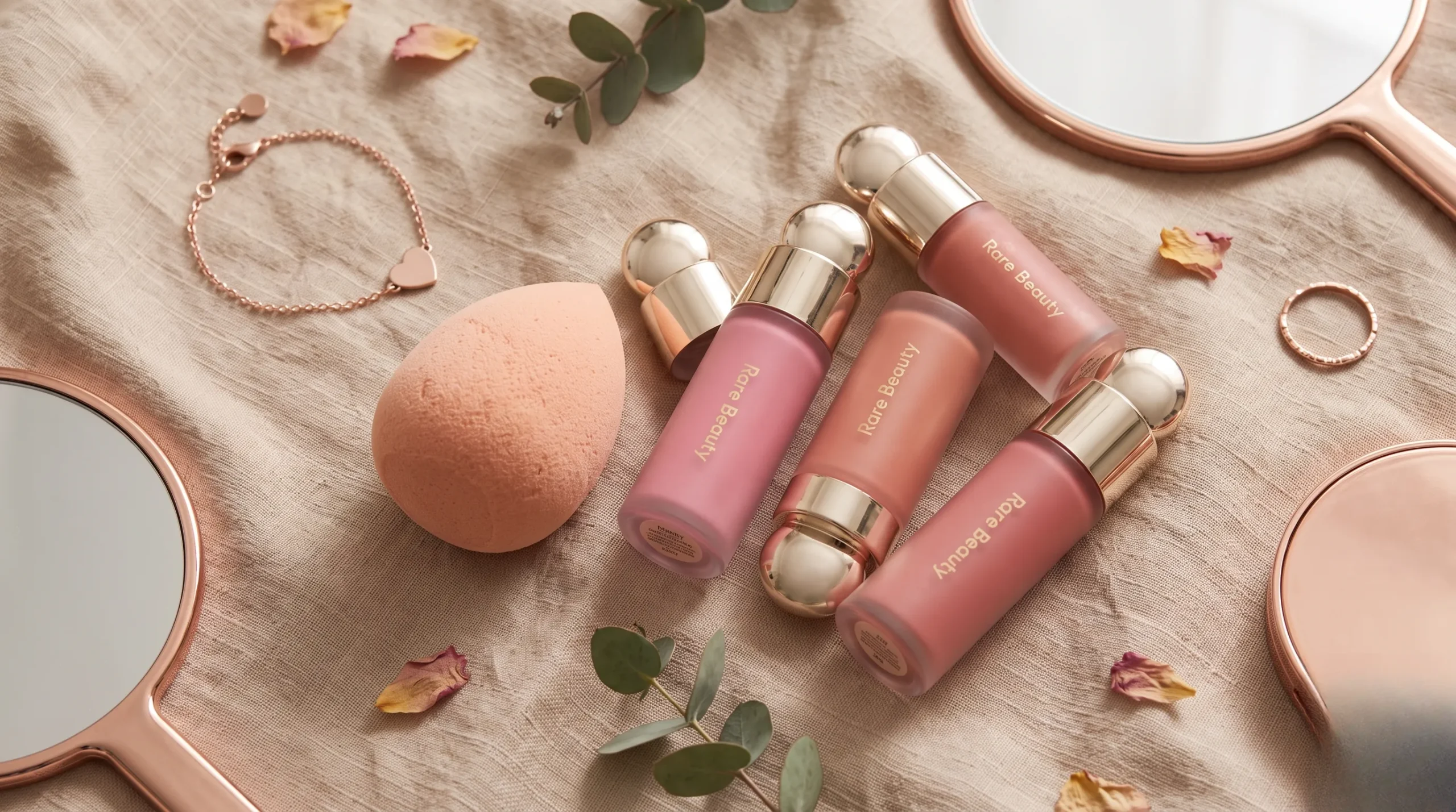 Blush Rare Beauty avec accessoires de maquillage sur un fond doux.