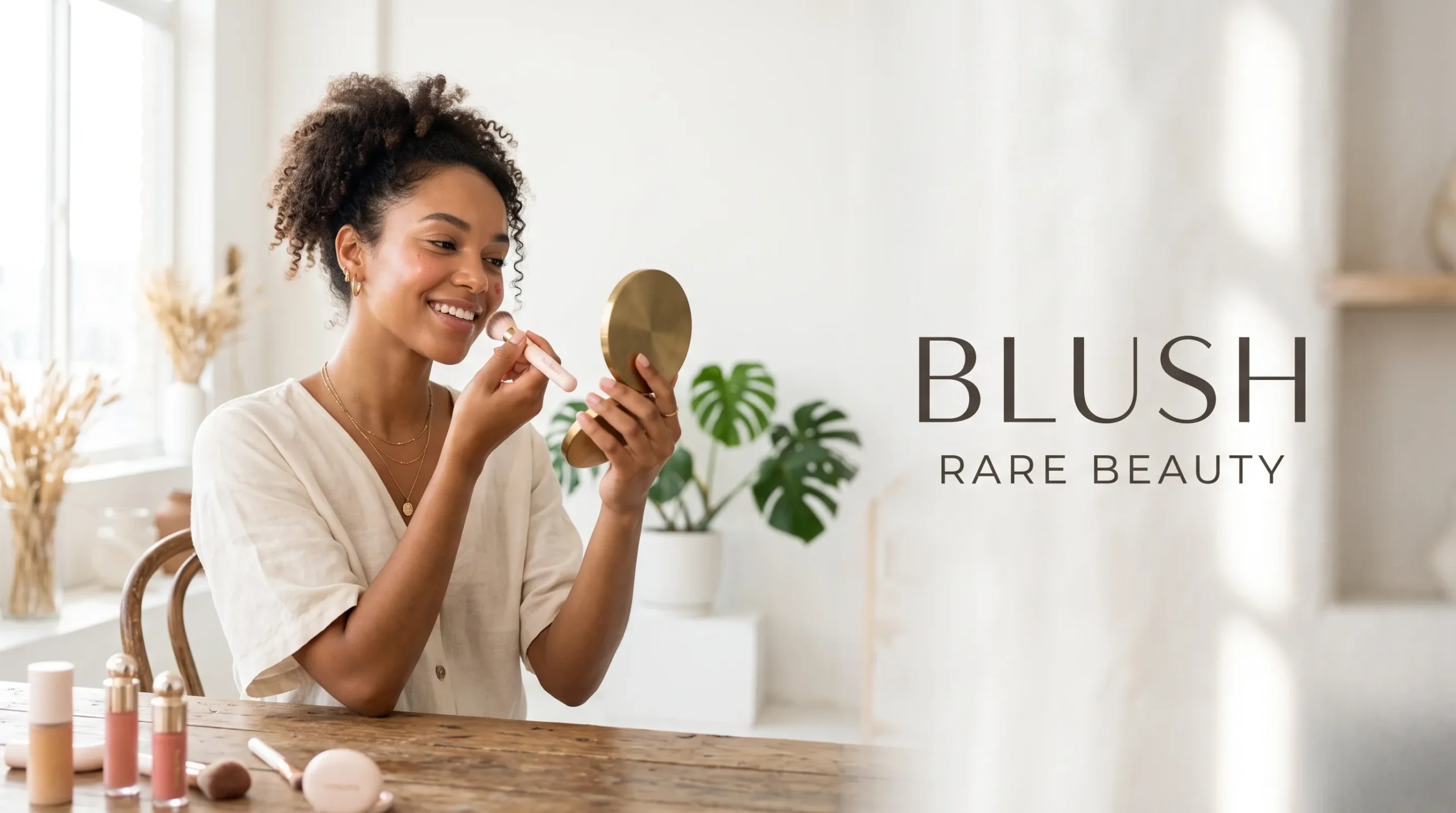 Femme au teint lumineux utilisant le blush Rare Beauty.
