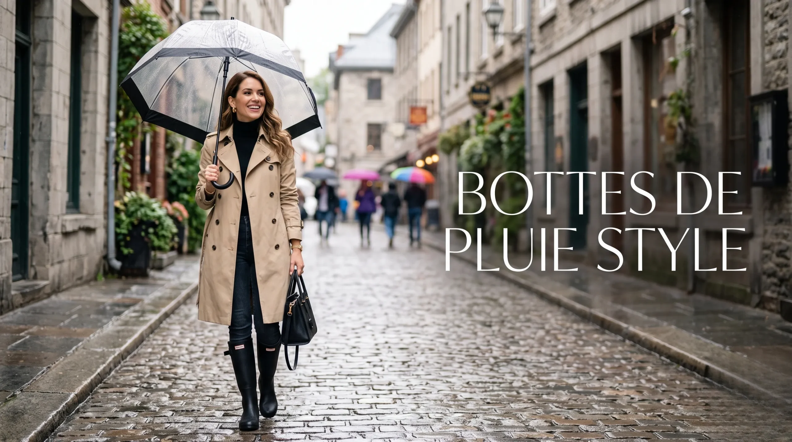 Influenceuse mode portant des bottes de pluie stylées avec un espace vide pour le titre de l'article