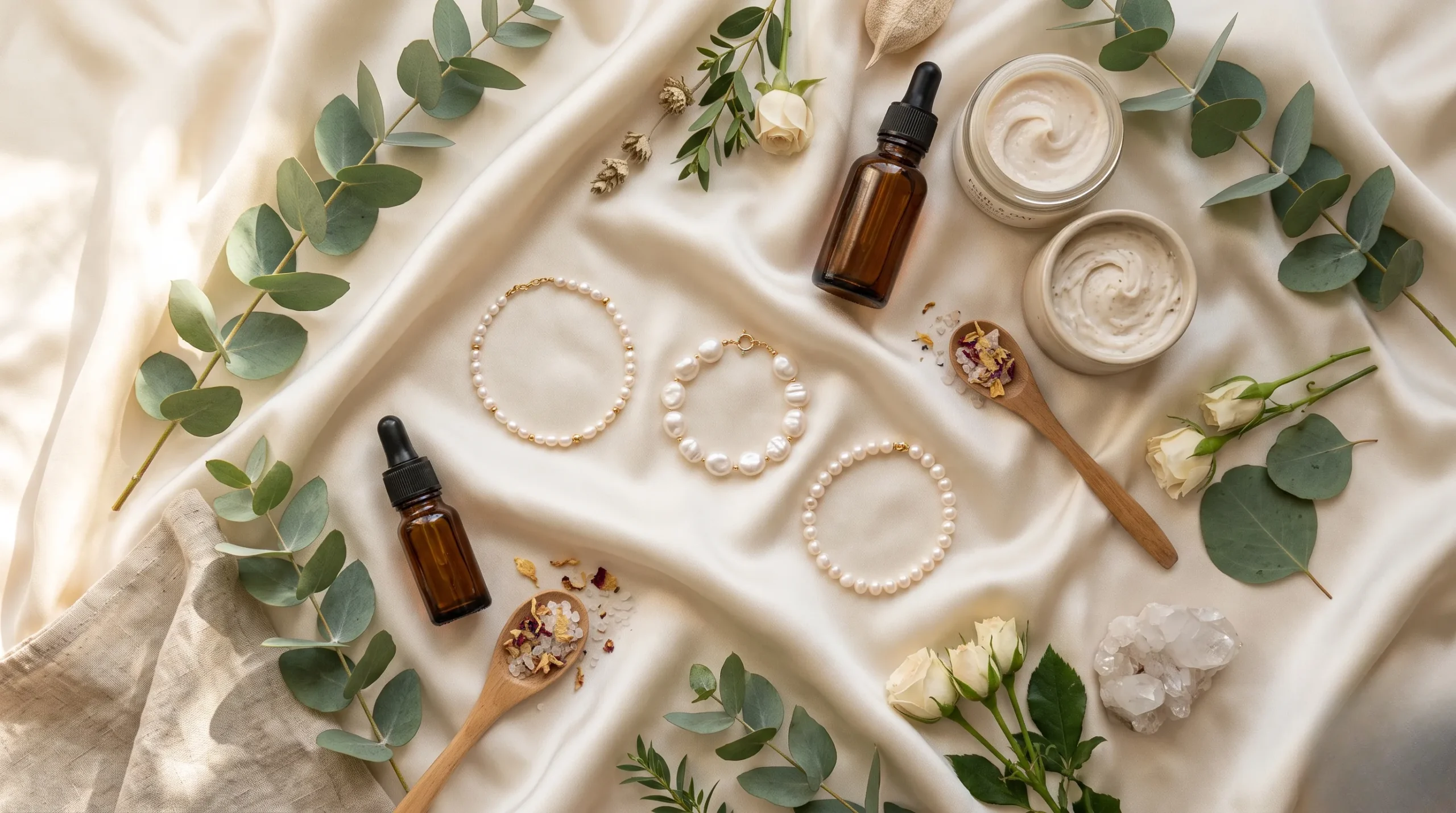 bracelets perle femme : Vue de haut de bijoux de perles délicates posés sur de la soie crème avec des touches végétales