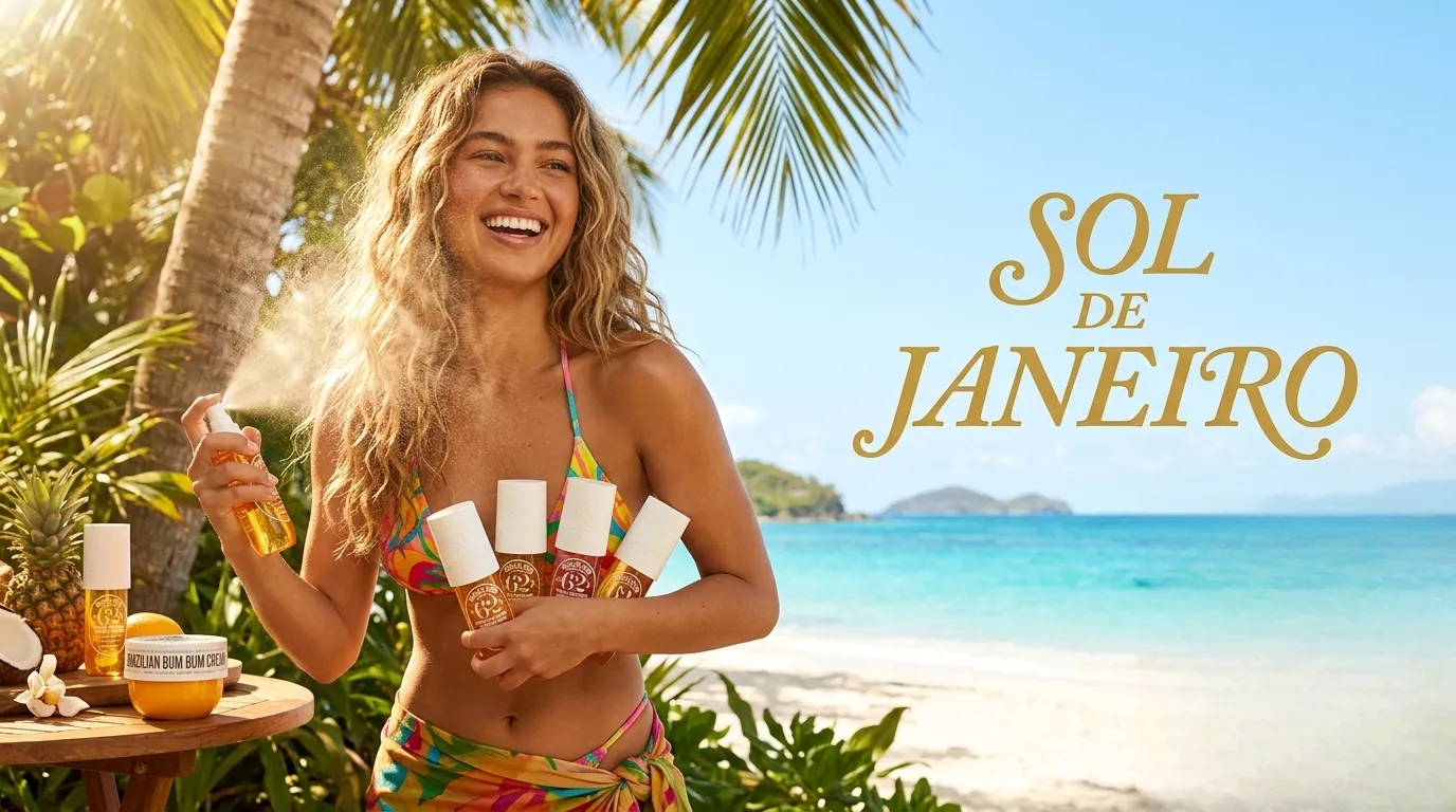 Femme joyeuse dans un décor tropical avec sa brume Sol de Janeiro.