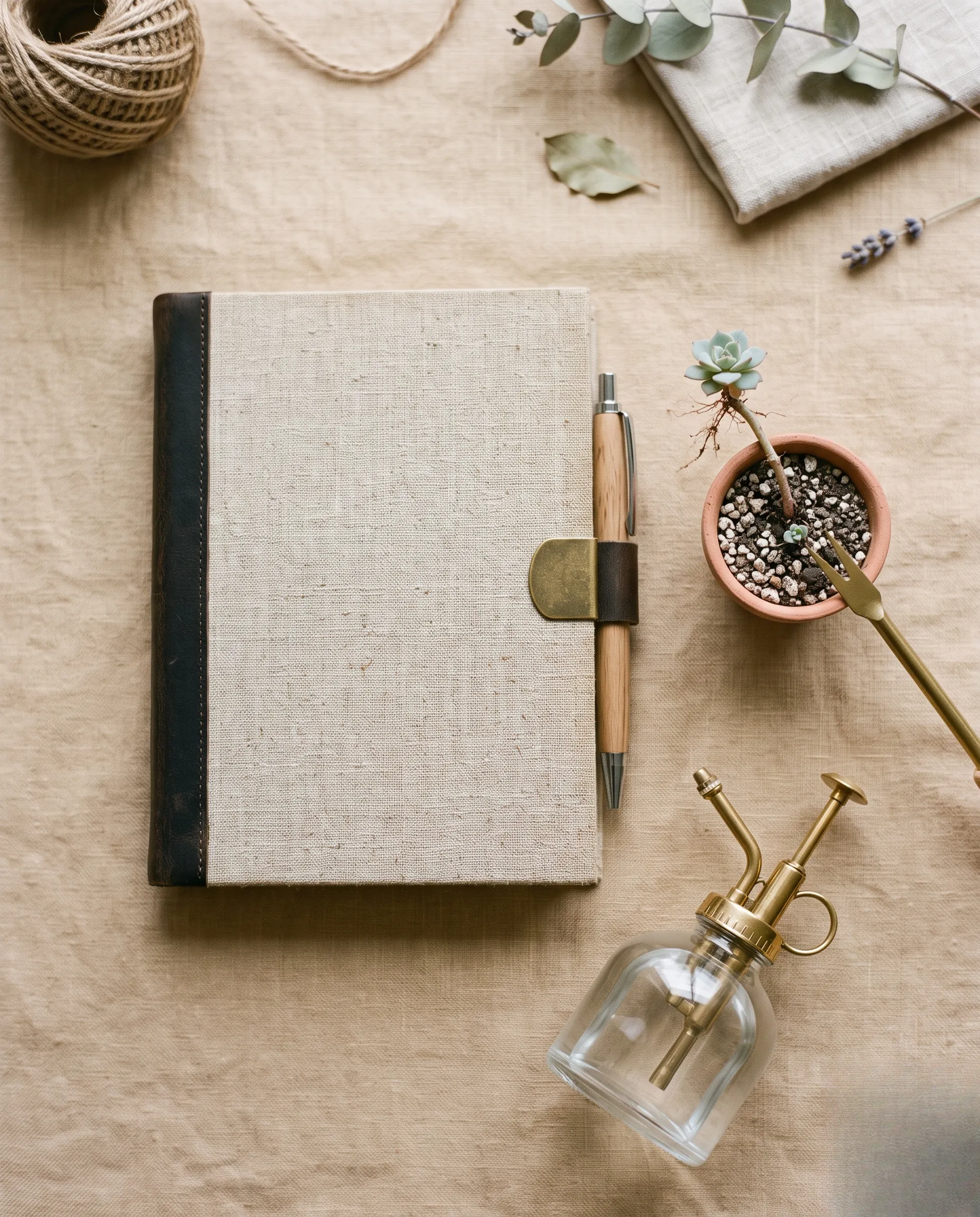 Flatlay esthétique comprenant un carnet de jardinage, un vaporisateur d'eau et une bouture de plante grasse.