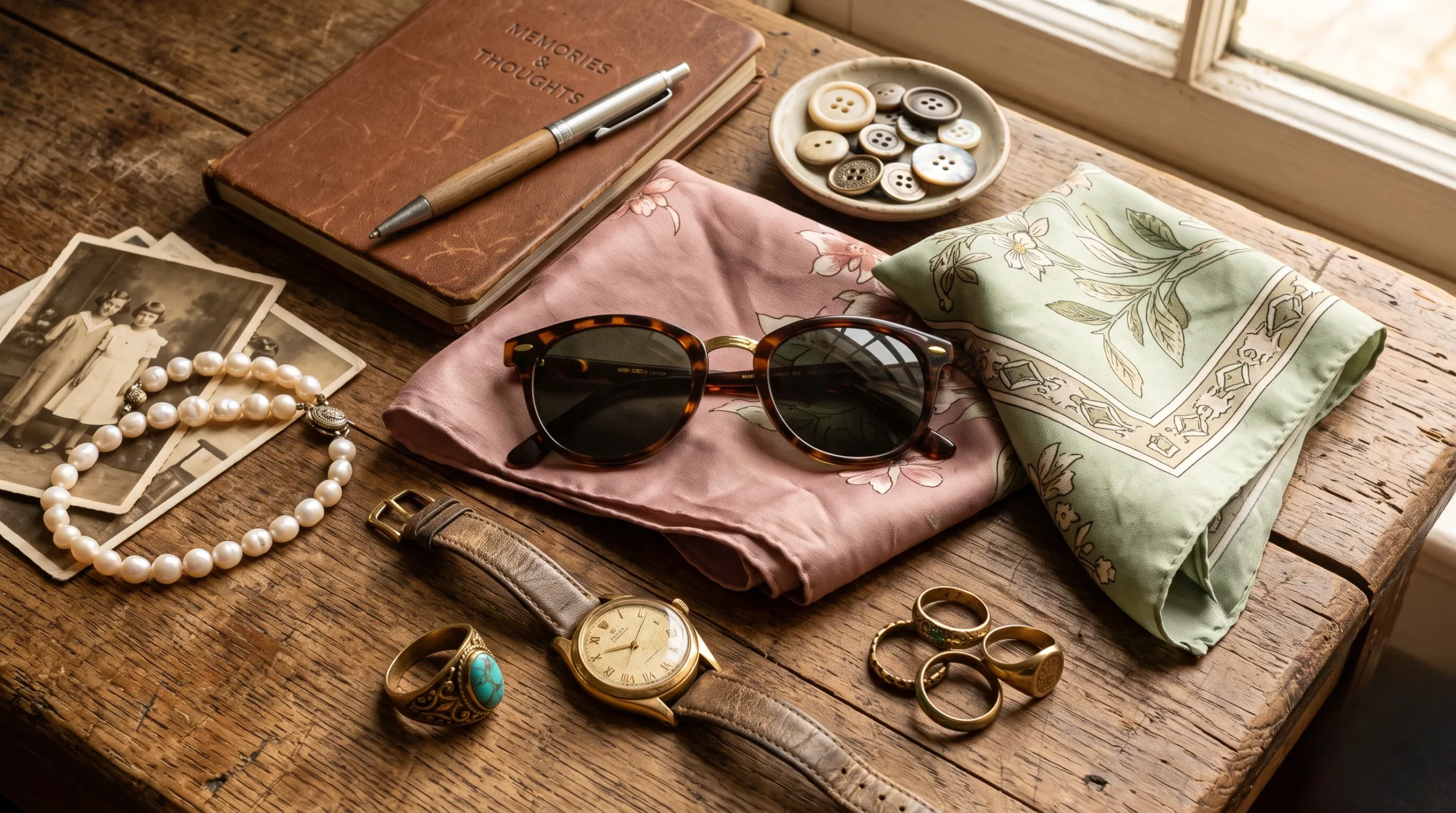 Flatlay vintage avec foulards en soie et accessoires rétro pour chiner en friperie. Chiner en friperie