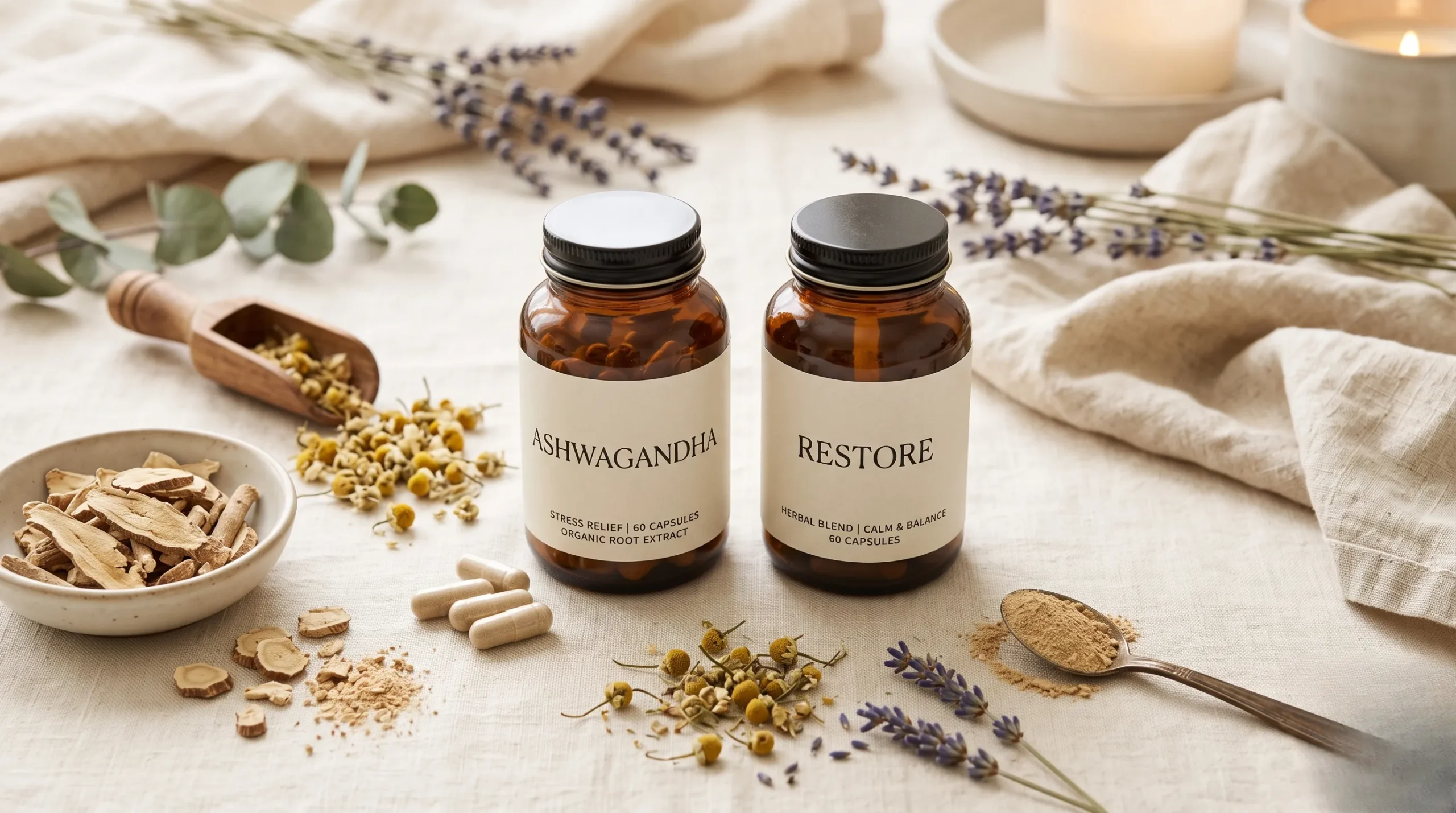 Compléments alimentaires naturels pour réduire le cortisol, ambiance zen. Complément alimentaire pour baisser le cortisol