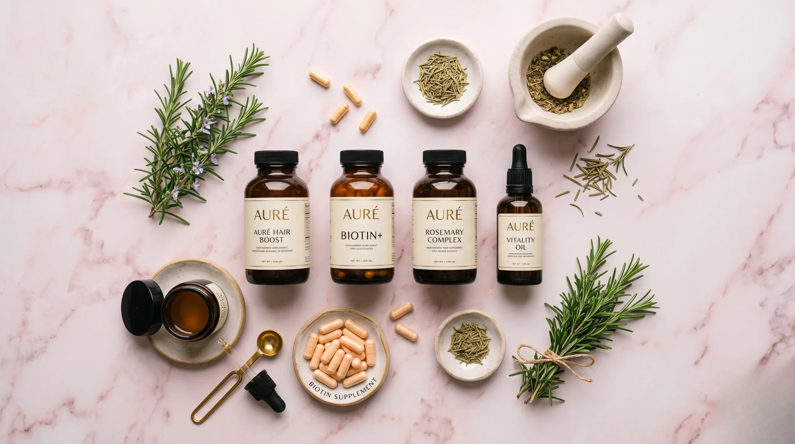 Flacons de compléments alimentaires pour cheveux disposés esthétiquement sur un fond en marbre rose. Complement alimentaire pour cheveux