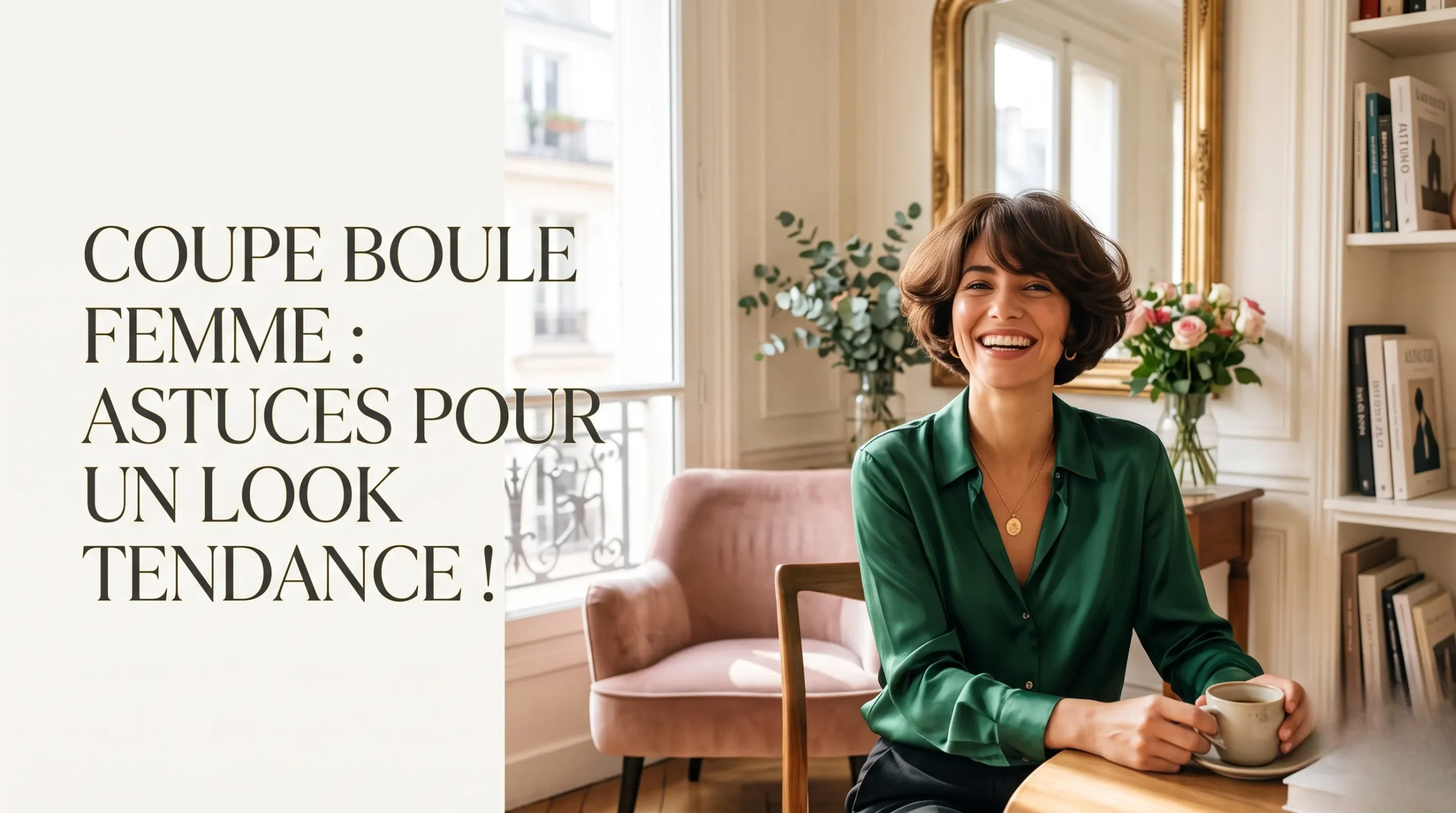 Femme souriante avec une coupe boule tendance et élégante dans un appartement lumineux au style chic.