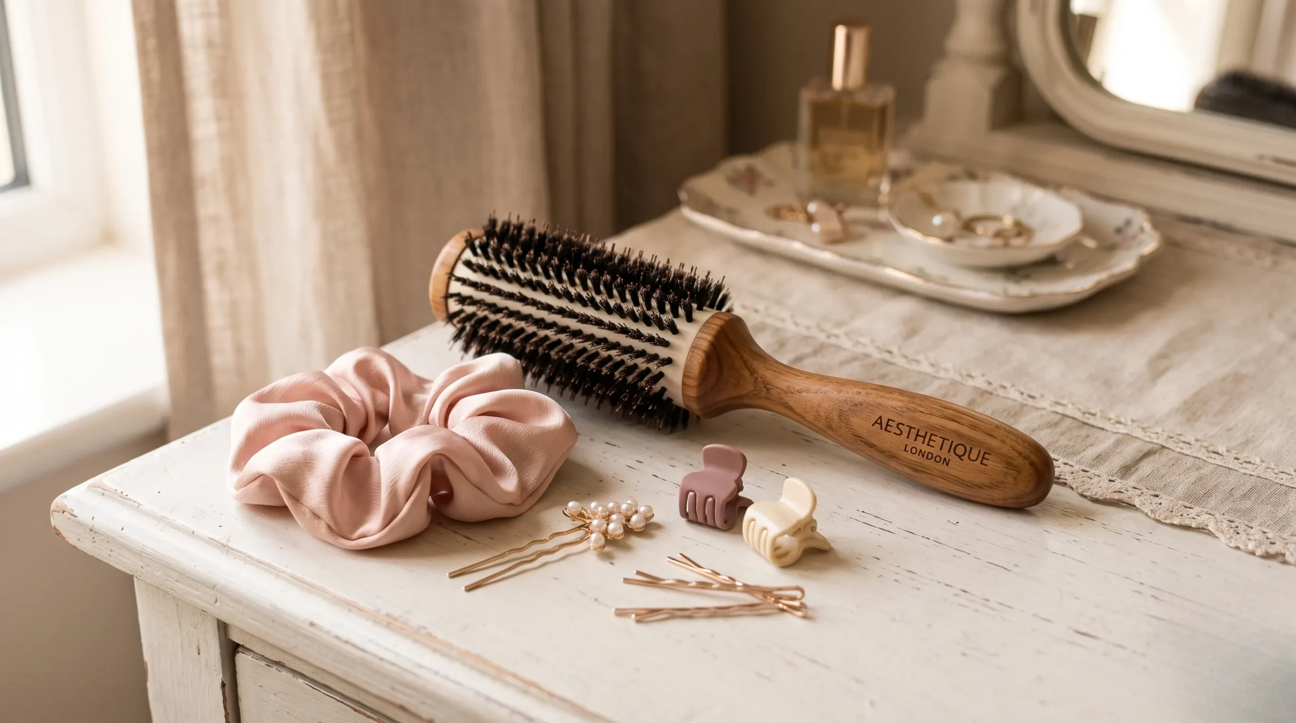 Accessoires capillaires et brosse à cheveux sur une coiffeuse pour sublimer les traits du visage. Coupe cheveux visage