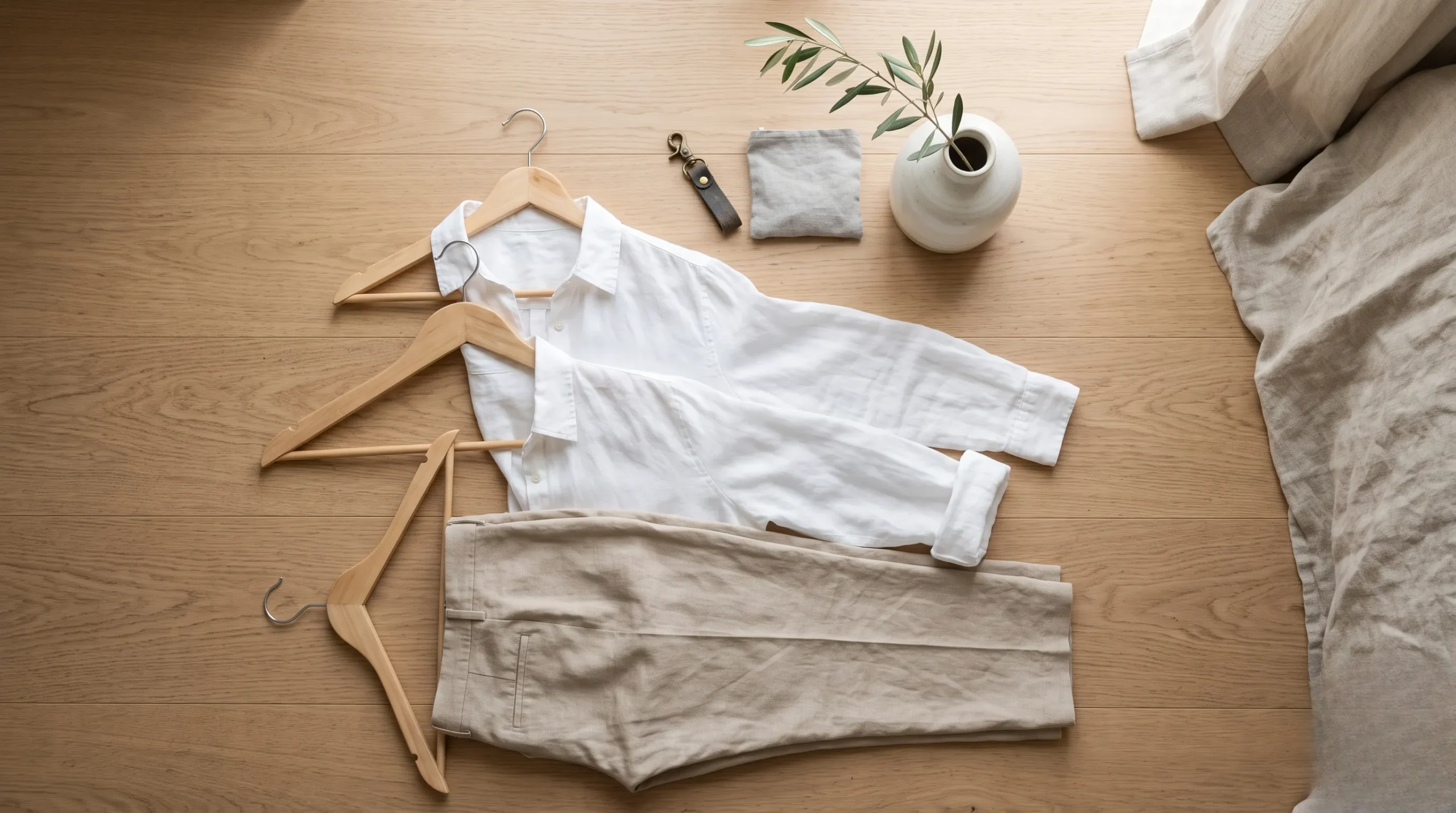 Vue de haut d'une capsule wardrobe minimaliste avec des cintres en bois et des vêtements neutres. Dressing minimaliste