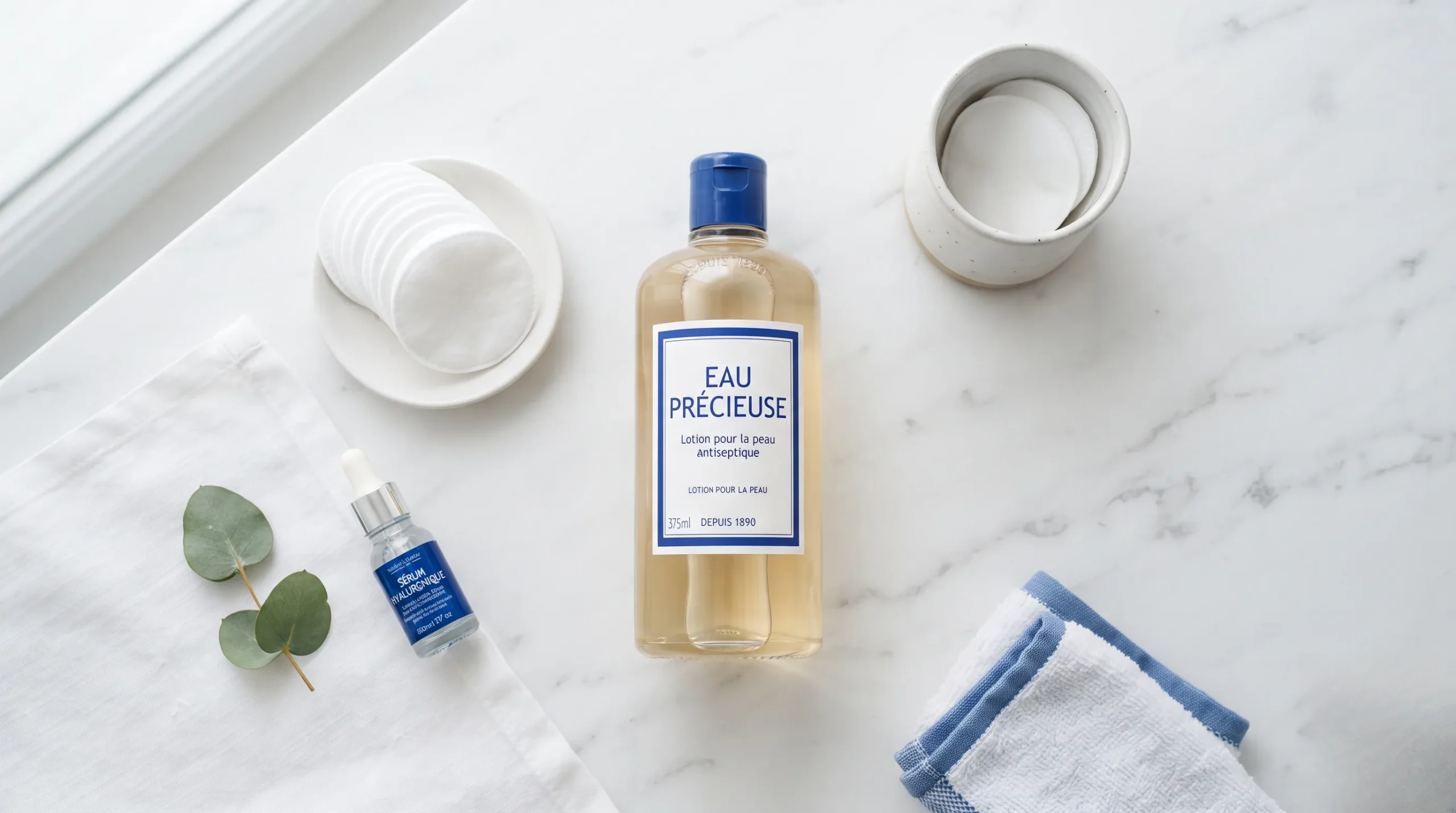 Bouteille d'Eau Précieuse avec disques de coton, présentation soignée. Eau précieuse avis dermatologue