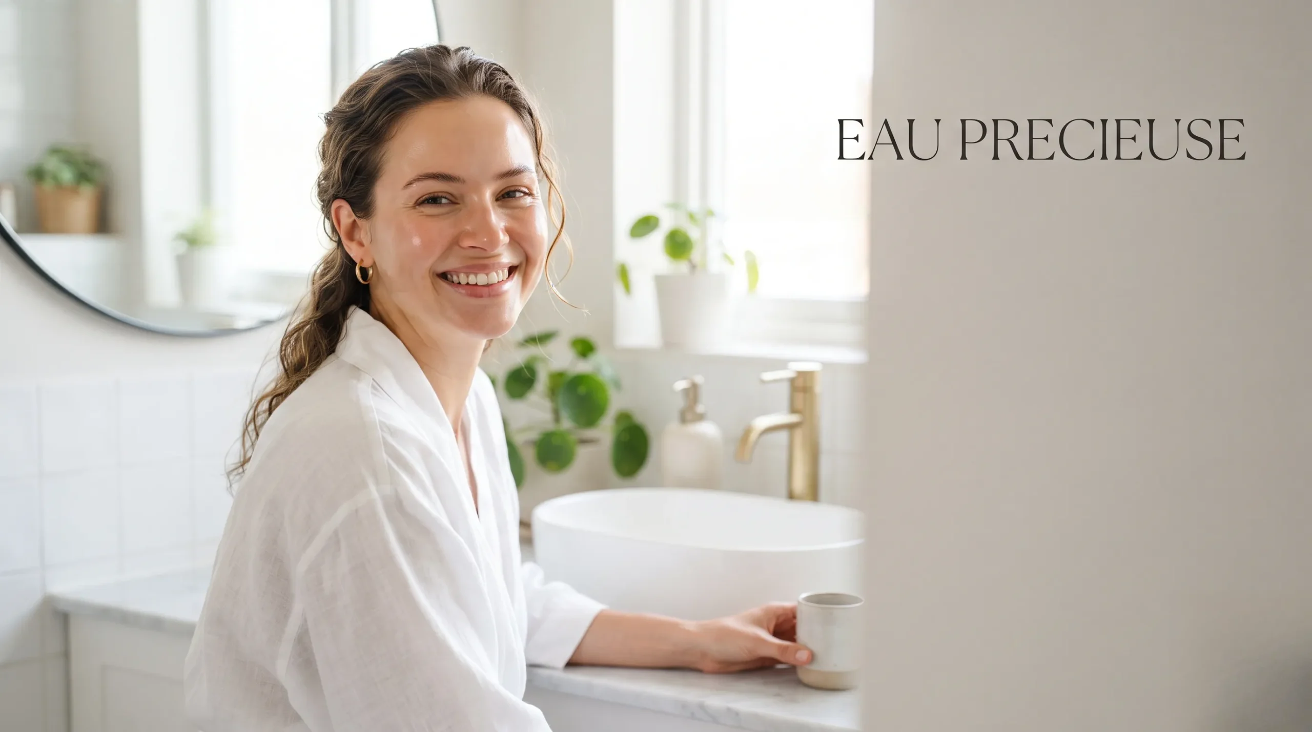 Femme au teint frais après utilisation d'Eau Précieuse.