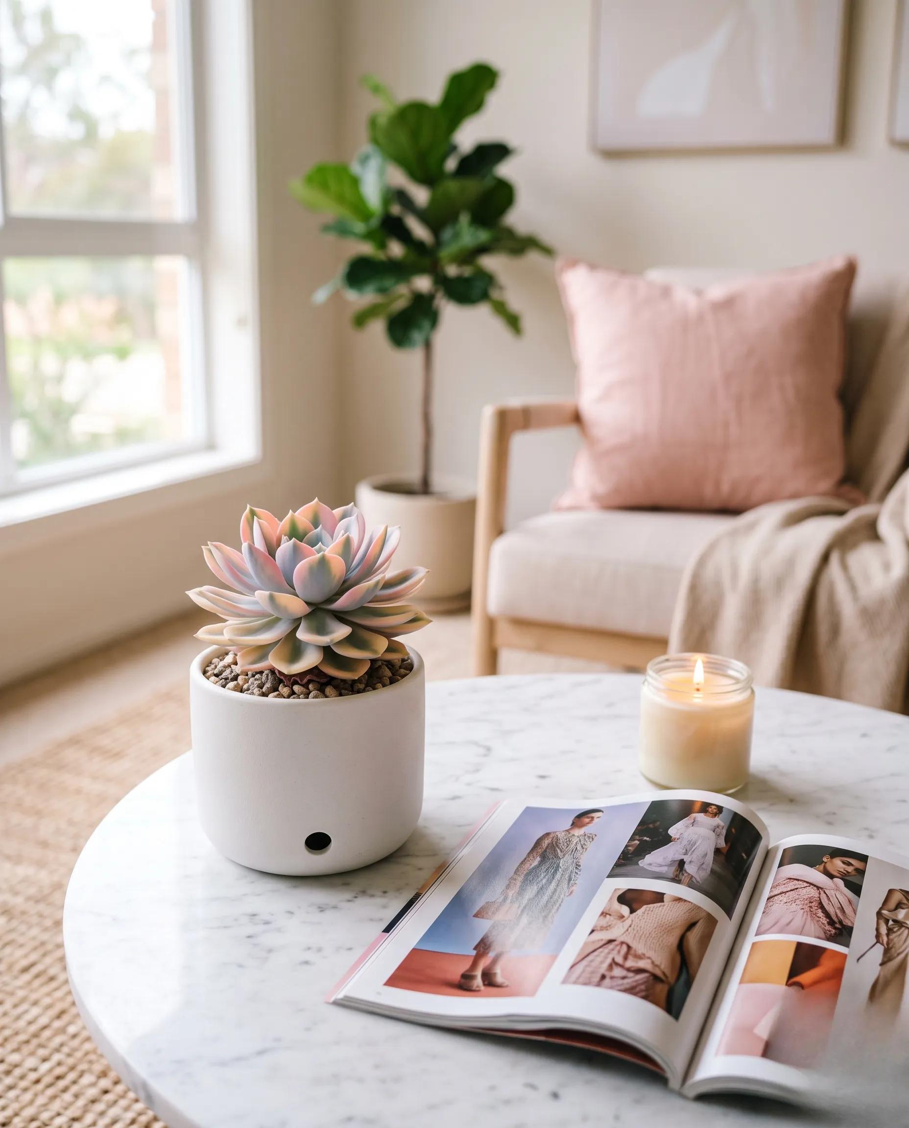 Un élégant pot en céramique blanche contenant une echeveria posé sur une table basse en marbre.