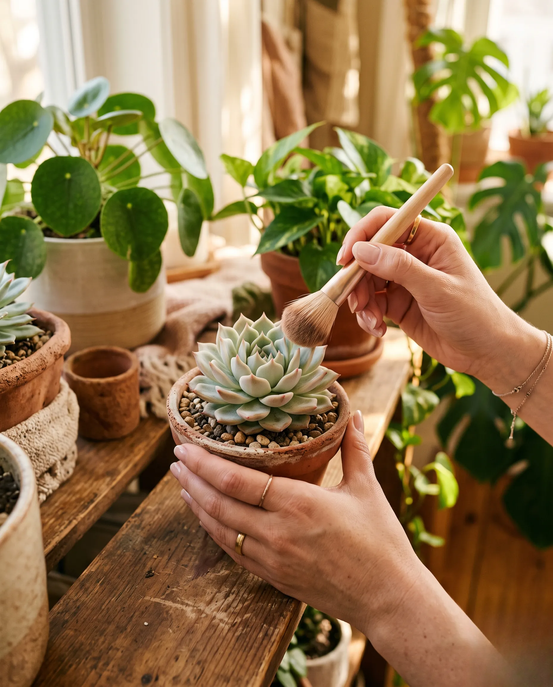 Gros plan sur des mains prenant soin d'une plante grasse d'intérieur avec délicatesse.
