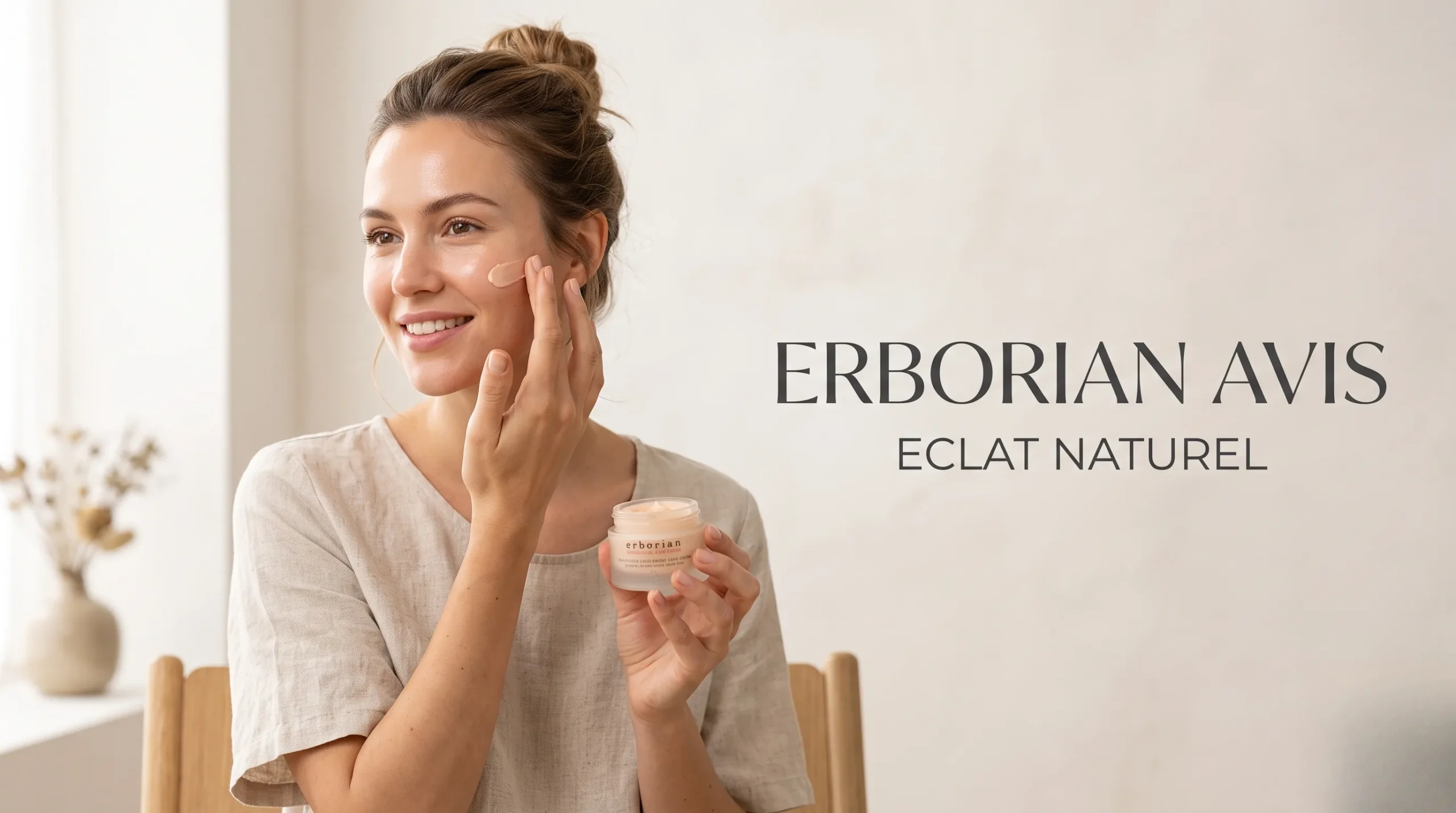 Femme à la peau parfaite utilisant les produits Erborian.
