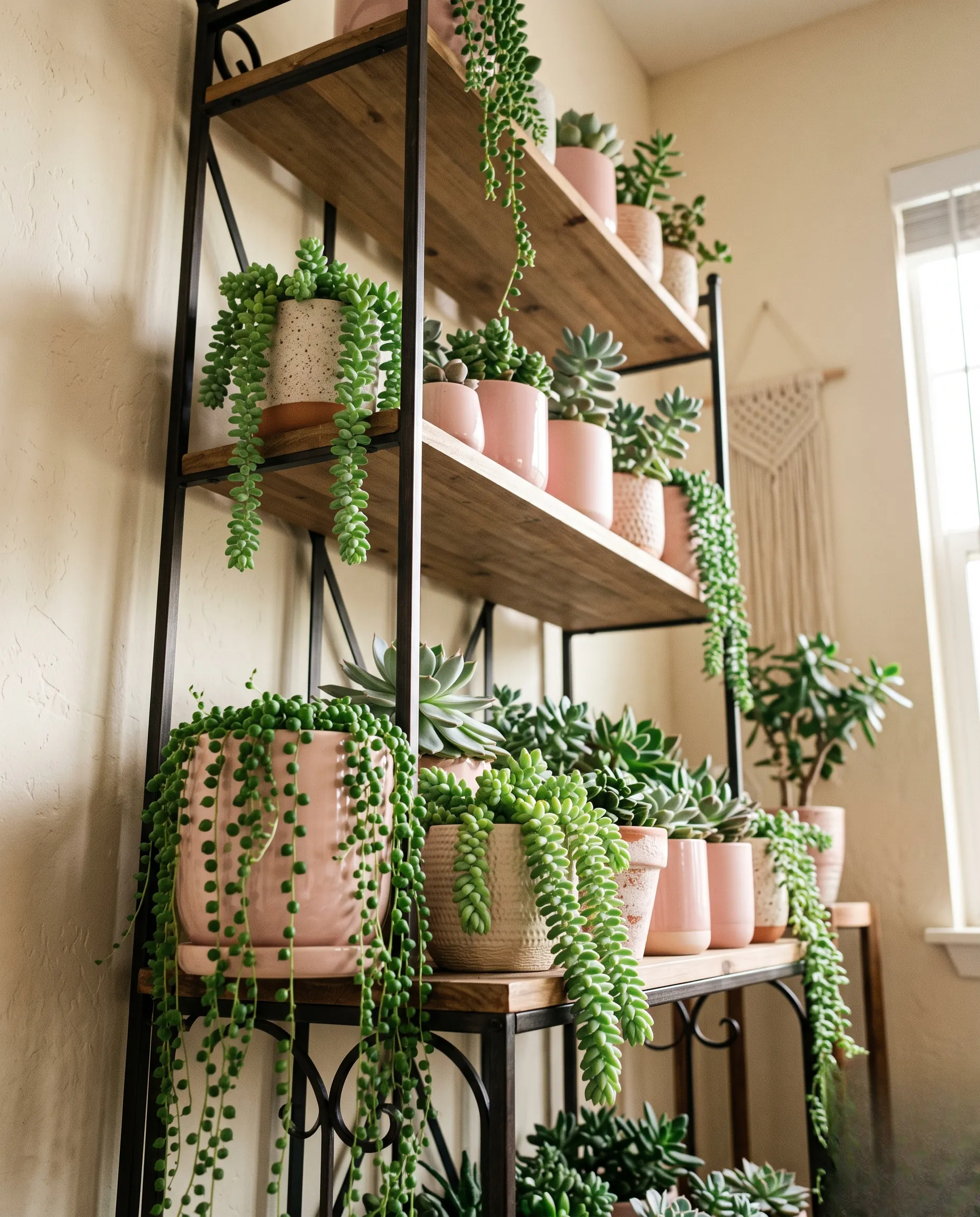 Étagère décorative mettant en valeur des plantes grasses retombantes dans des pots aux teintes pastel.