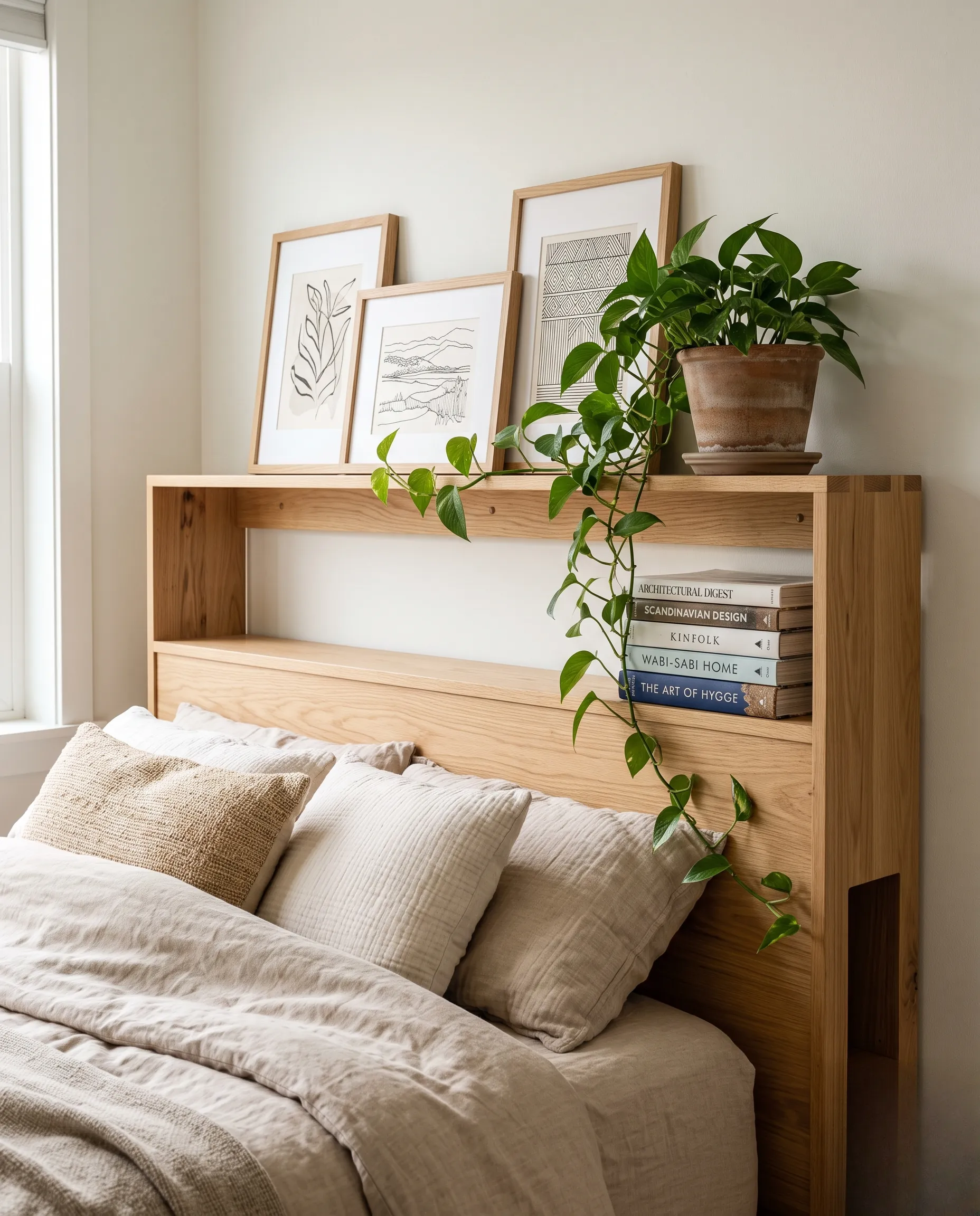 Gros plan sur une étagère en bois faisant office de tête de lit pratique et décorative.