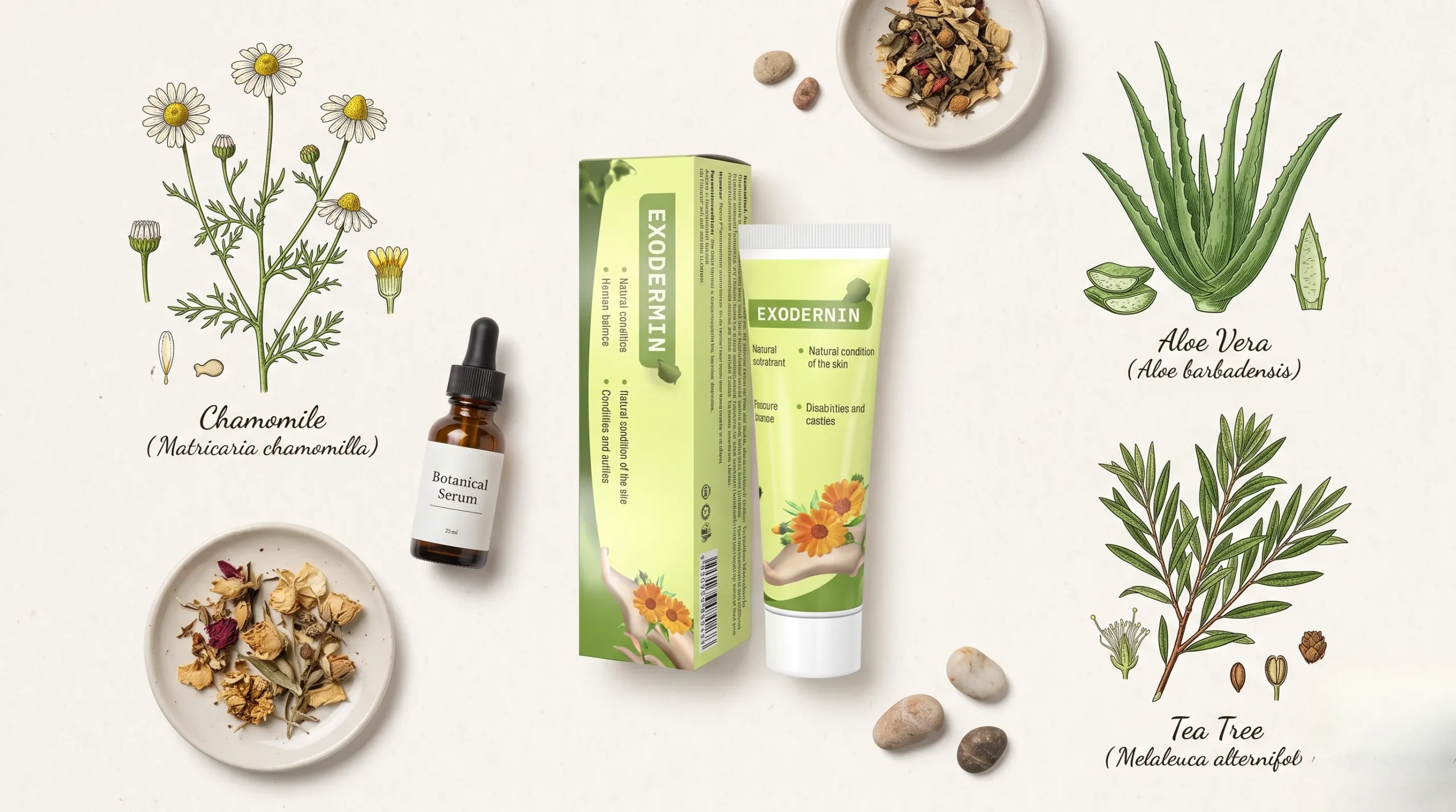 Crème Exodermin avec des illustrations botaniques, style soin dermatologique. Exodermin avis dermatologue