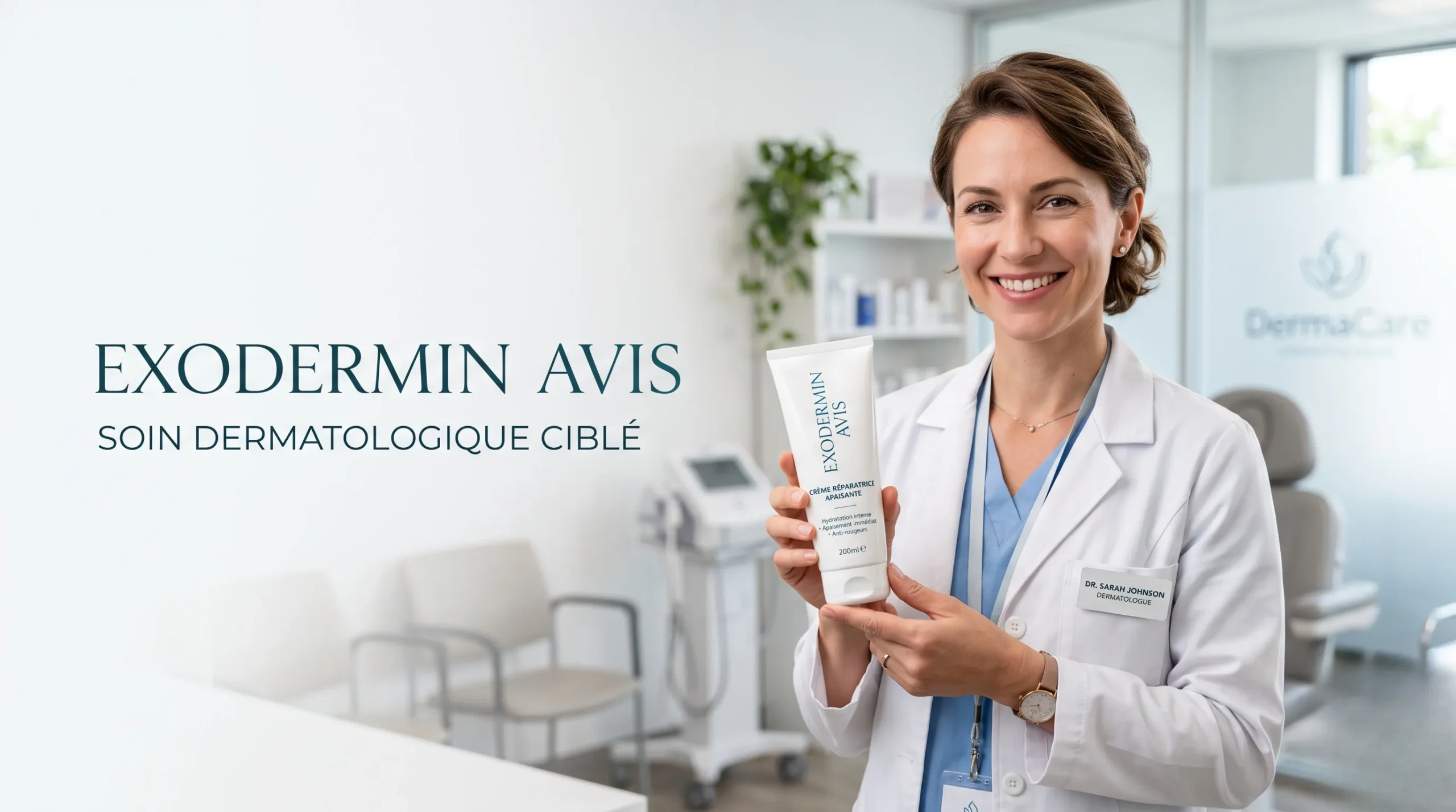 Dermatologue présentant la crème Exodermin pour un avis expert.