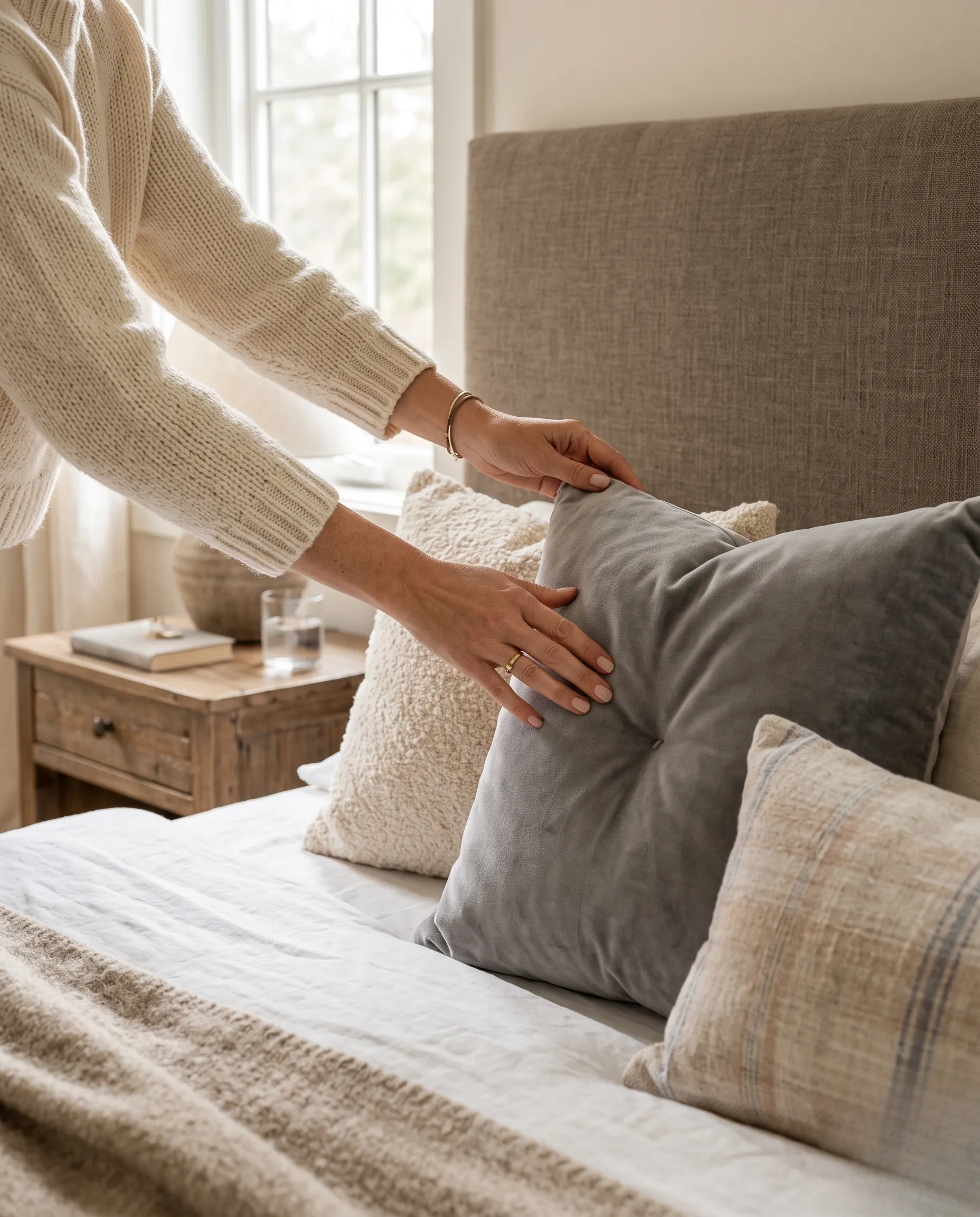 Plan rapproché d'une femme disposant des coussins décoratifs sur un lit bien préparé.