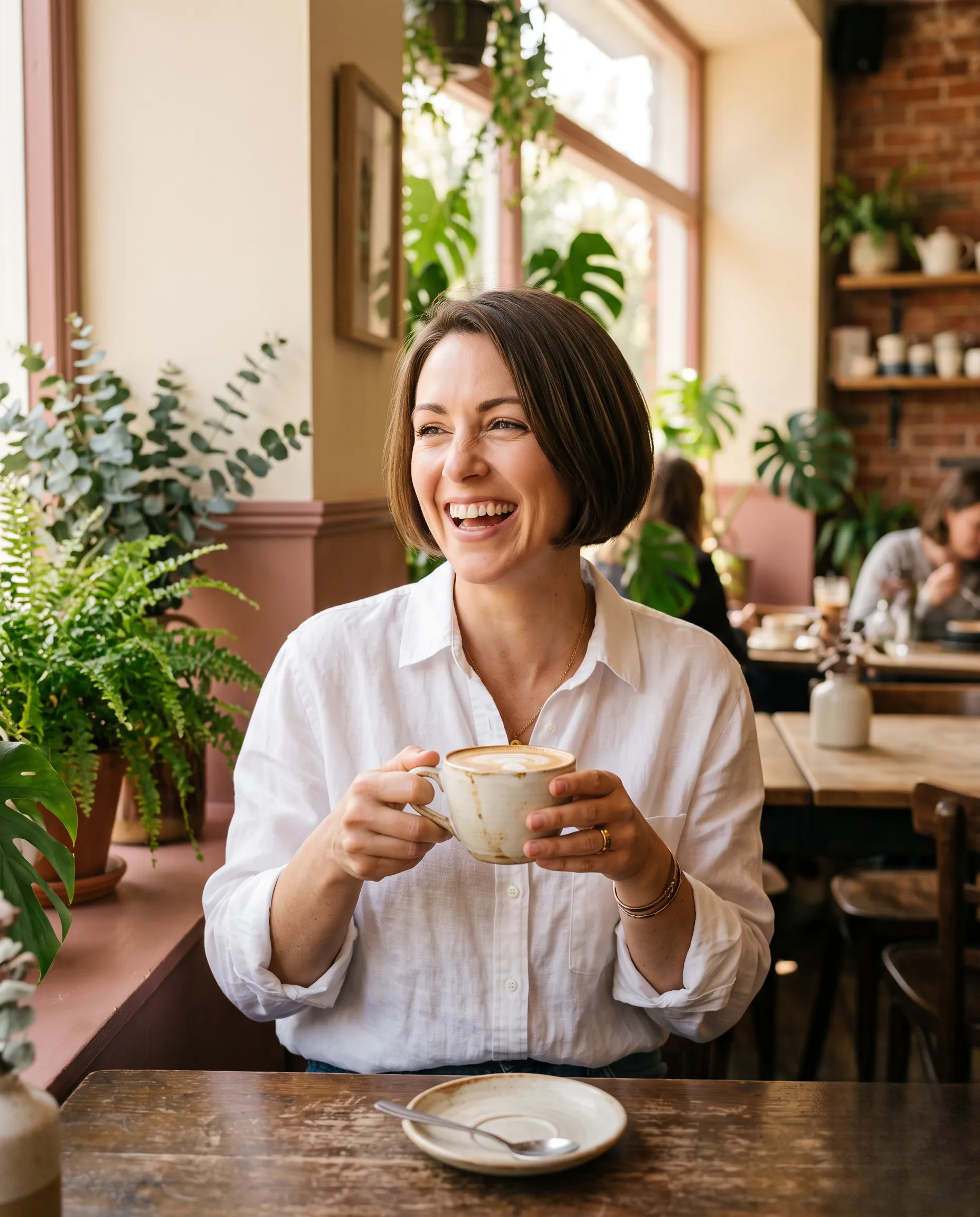 Femme souriante avec une coupe boule élégante profitant d'un café dans un décor lumineux.