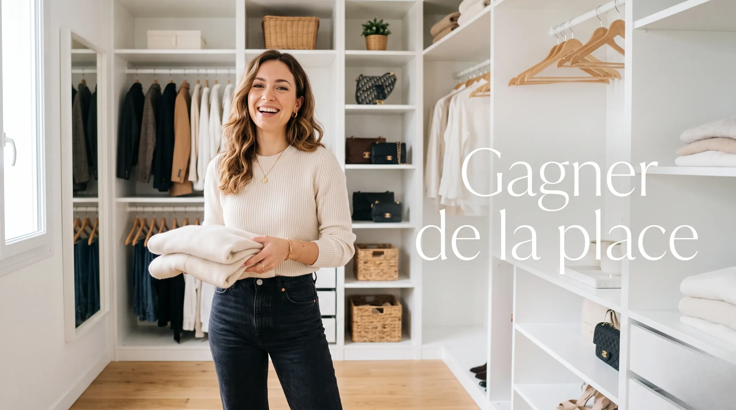 Une femme souriante dans son dressing lumineux avec un espace pour le titre de l'article
