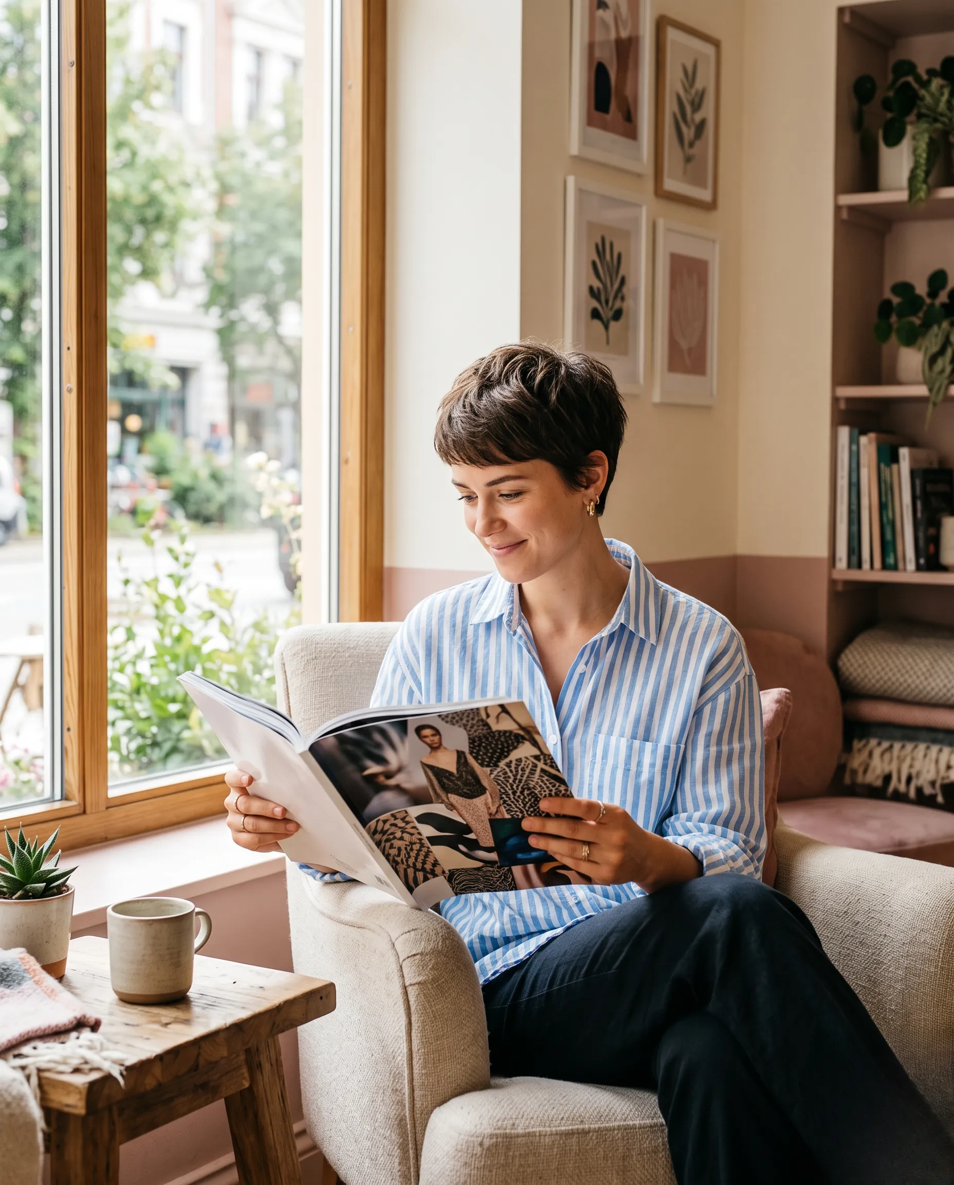 Femme élégante avec une coupe boule lisant un magazine près d'une fenêtre lumineuse.