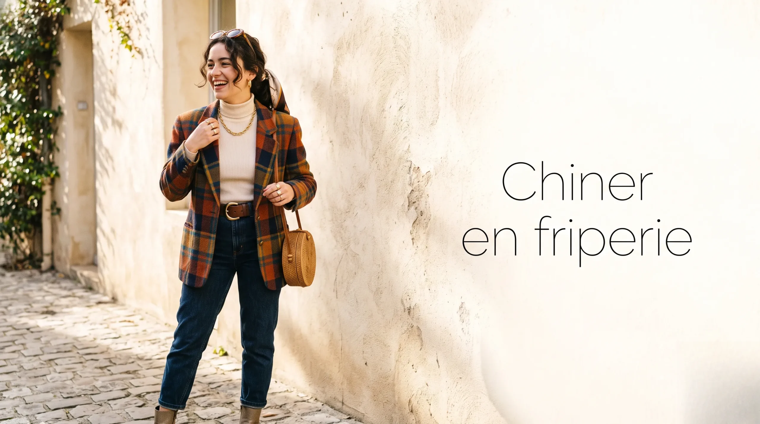 Femme stylée portant un blazer vintage avec un espace vide pour le titre