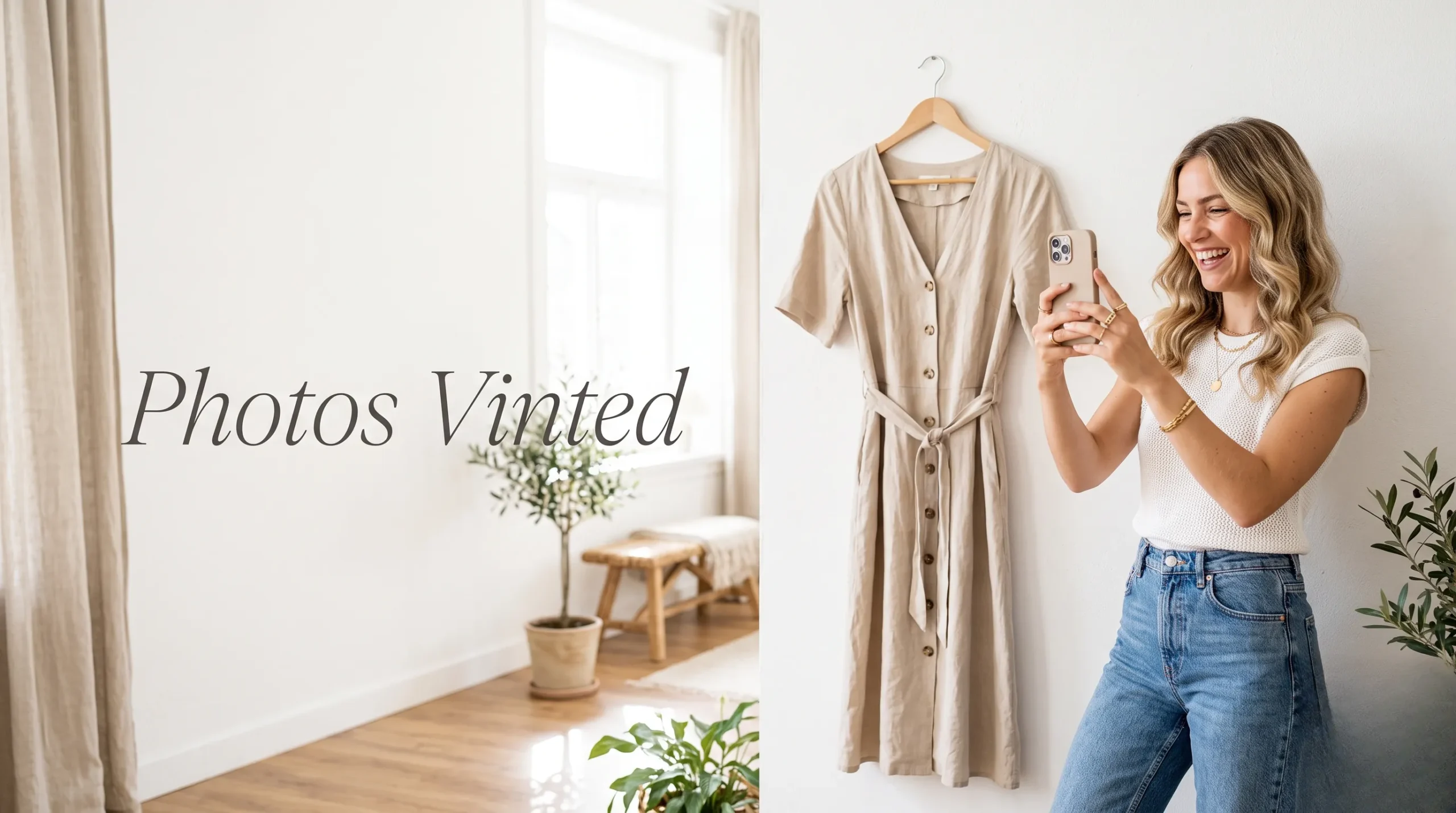 Femme prenant en photo un vêtement pour Vinted avec un espace vide lumineux