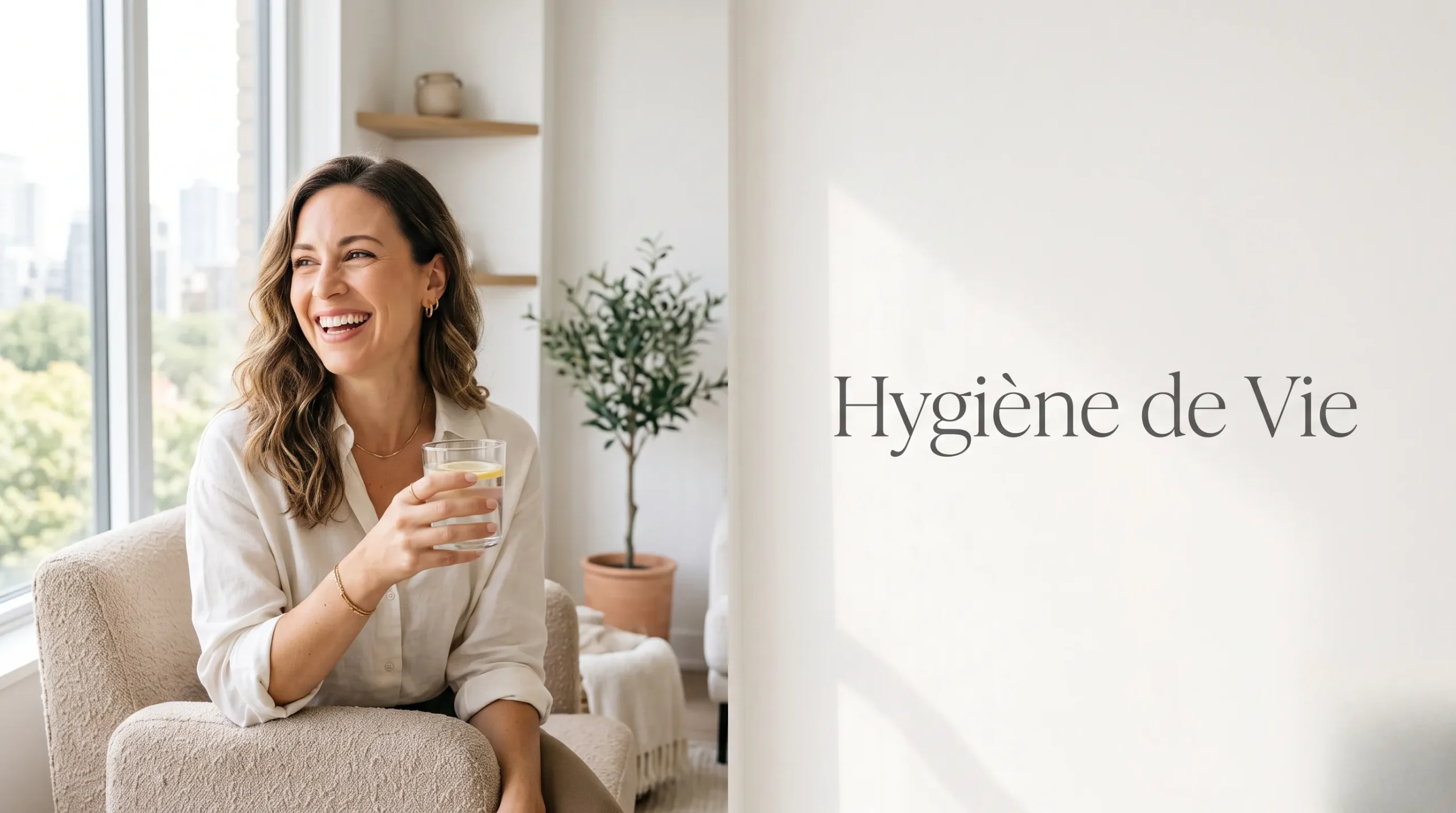 Une femme souriante dans un appartement lumineux illustrant les secrets d'une bonne hygiène de vie.