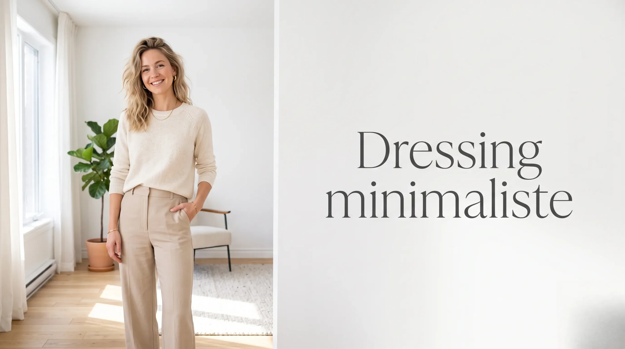 Femme souriante dans un intérieur minimaliste lumineux avec espace pour le titre