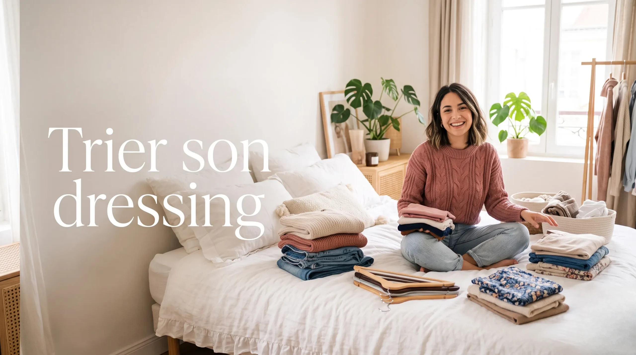 Jeune femme souriante triant ses vêtements sur son lit avec un espace vide lumineux