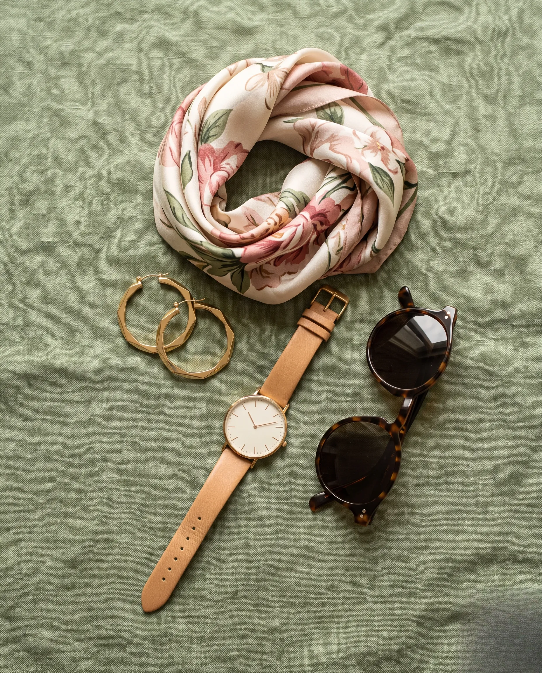 Flatlay d'accessoires de mode tendance, bijoux dorés et foulard en soie pour sublimer un look court.