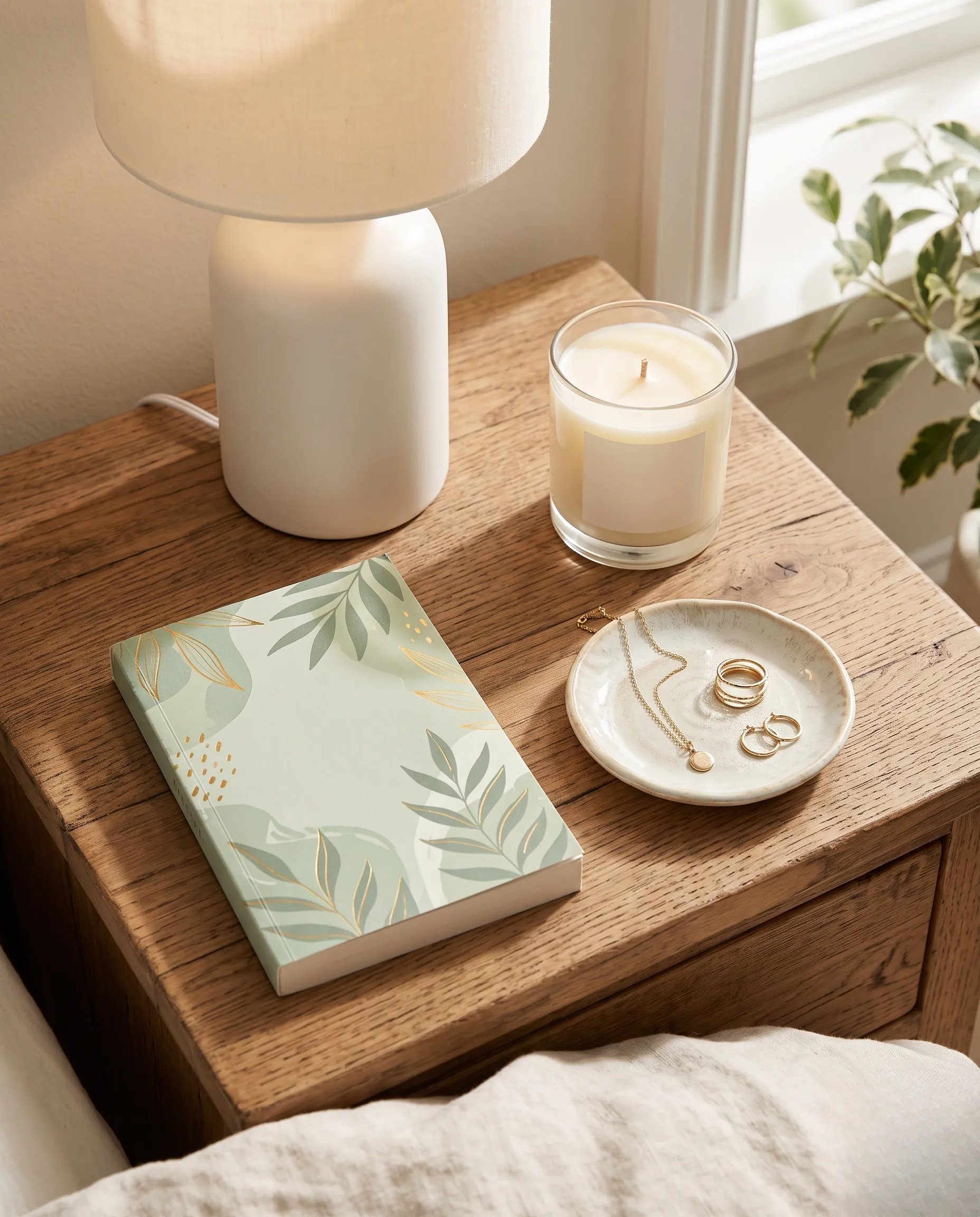 Flatlay esthétique d'une table de nuit minimaliste avec lampe, bougie et accessoires de décoration.
