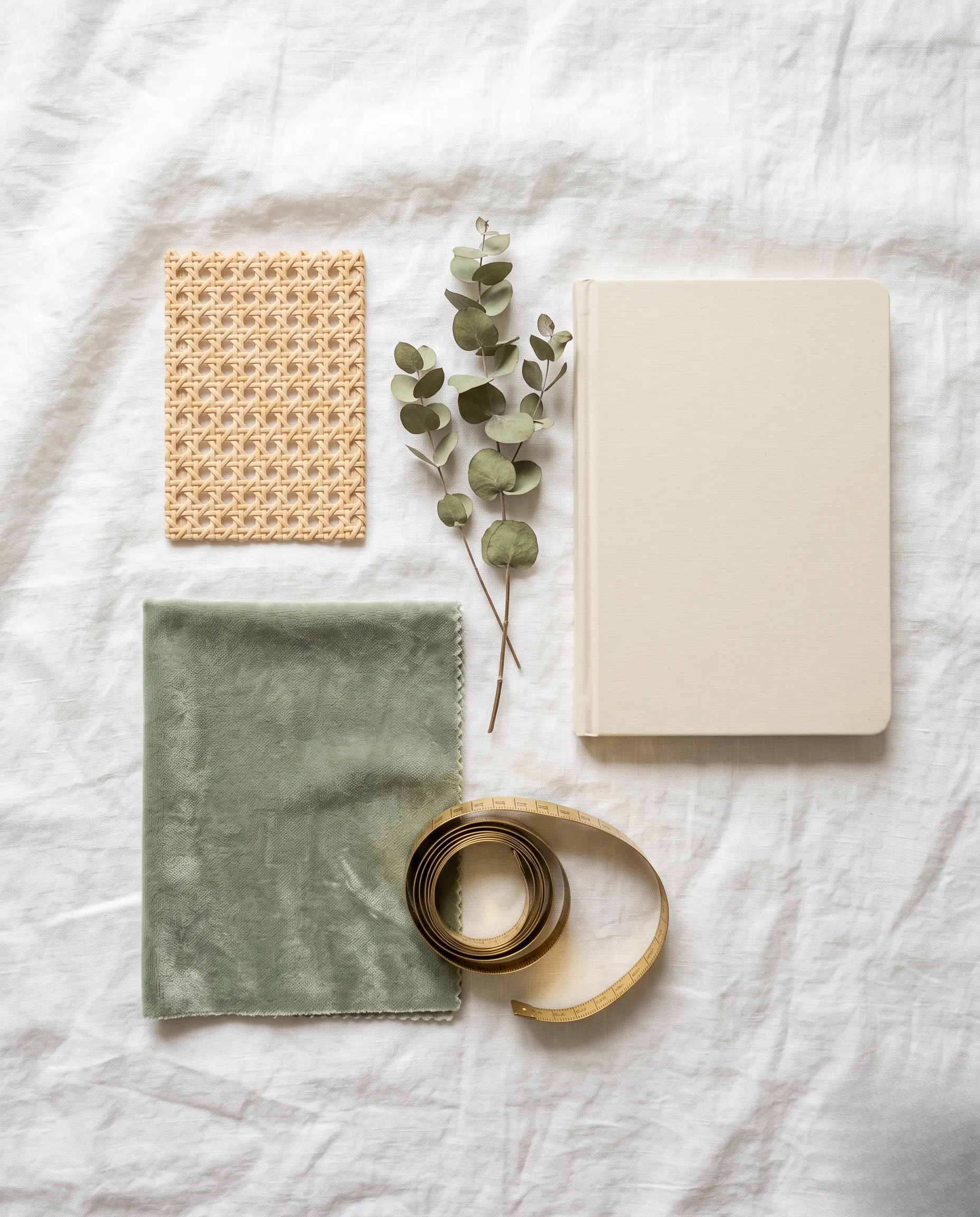 idee tete de lit : Vue de dessus en flatlay présentant des échantillons de matériaux pour une tête de lit sur fond de lin blanc.