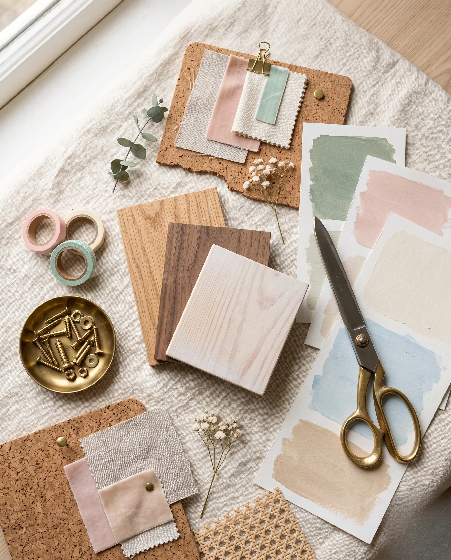 Flatlay d'accessoires de bricolage et d'échantillons pour fabriquer sa propre tête de lit.