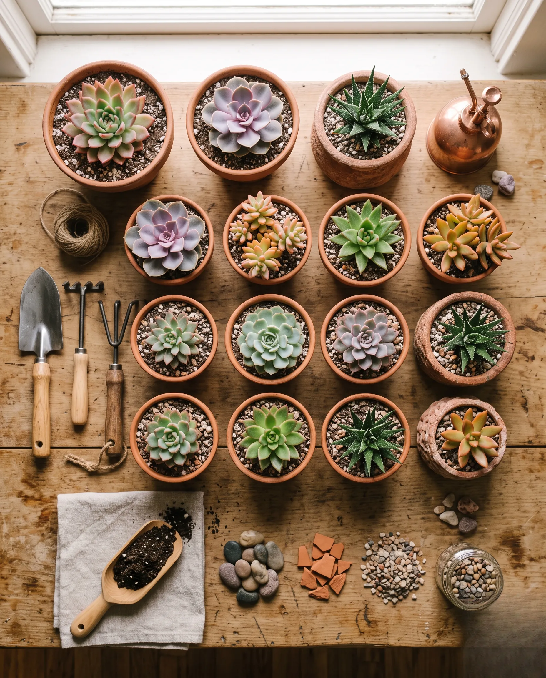 Vue de dessus en flatlay d'accessoires de jardinage et de petits pots en terre cuite pour plantes grasses.