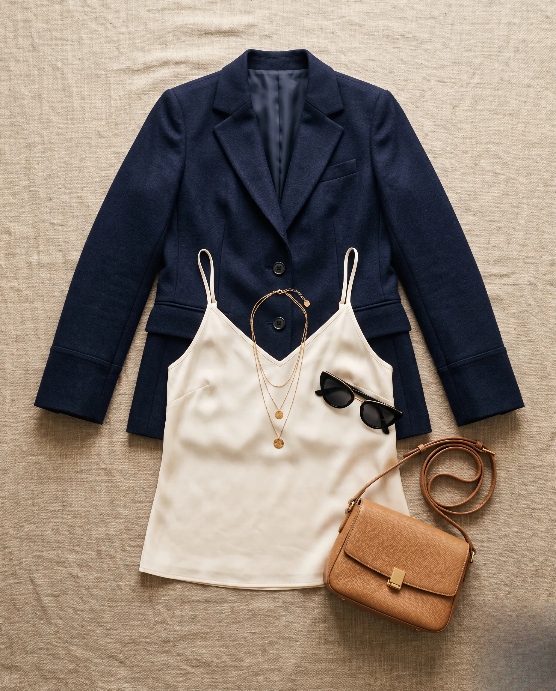 Flatlay d'une tenue chic composée d'un blazer et d'accessoires raffinés pour valoriser une coupe courte.