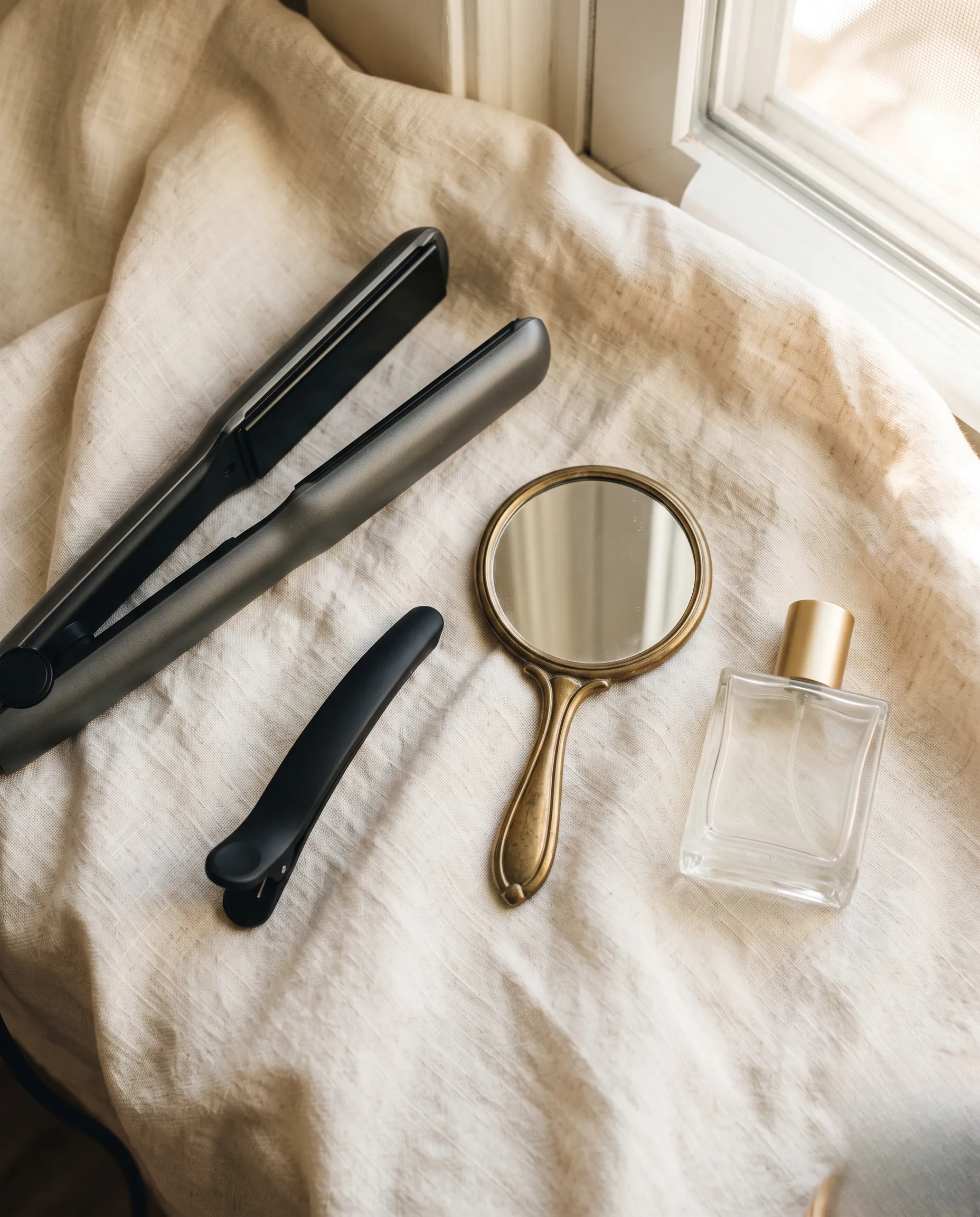 Flatlay d'outils de coiffure professionnels et d'un miroir vintage sur fond crème.