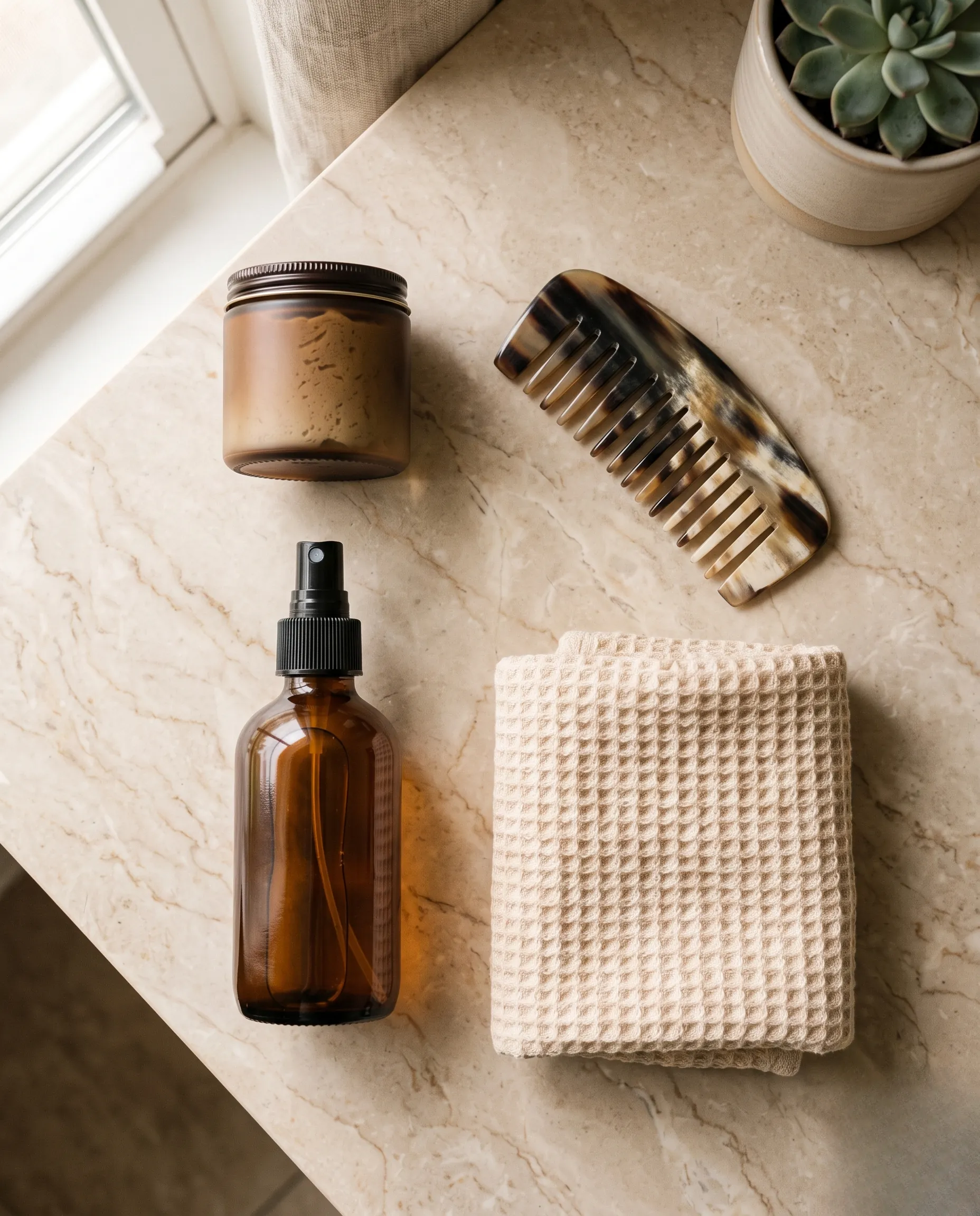 Flatlay de produits coiffants texturisants et peigne pour cheveux courts.