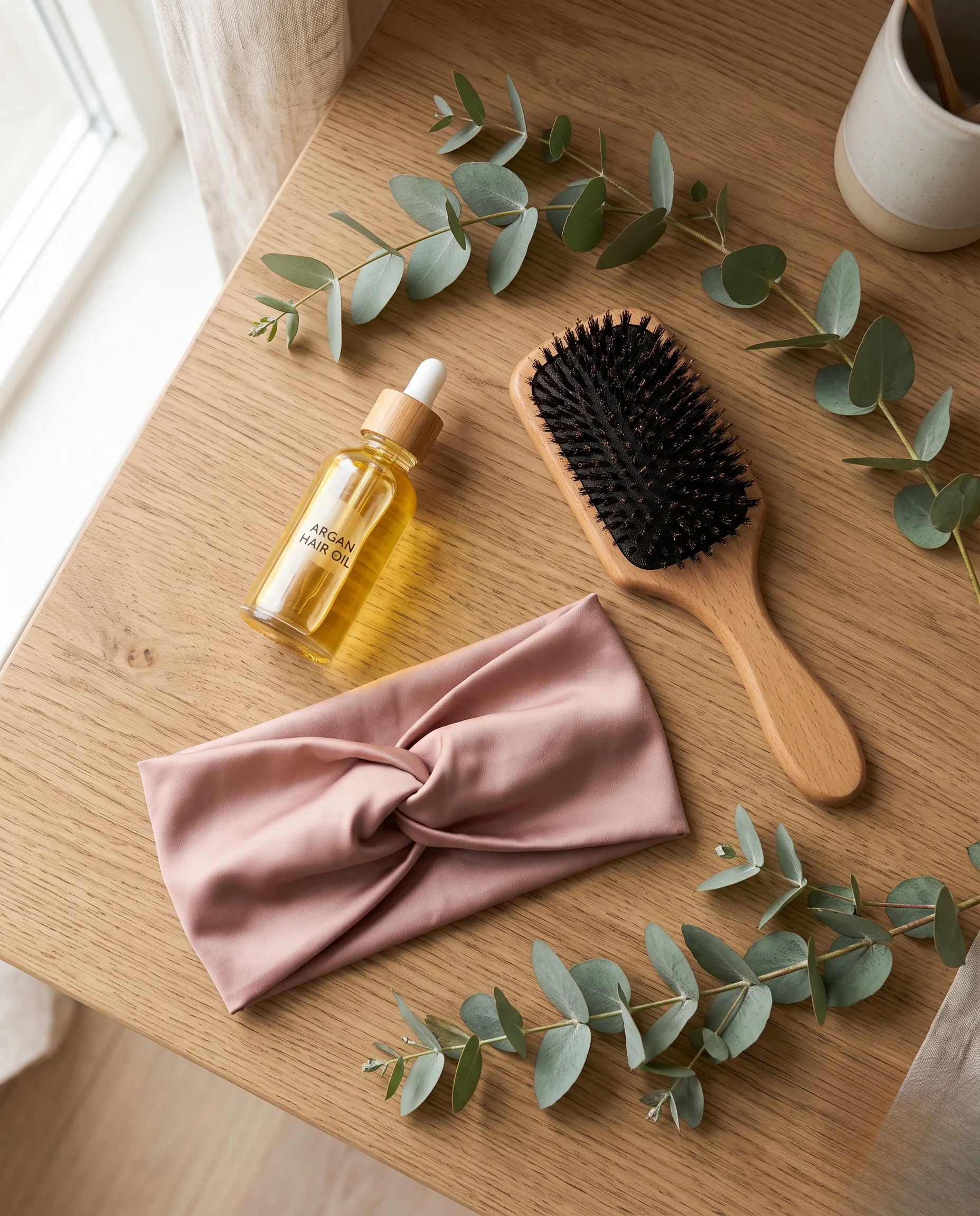Flatlay de soins capillaires essentiels avec huile d'argan et accessoires en lin poudré.