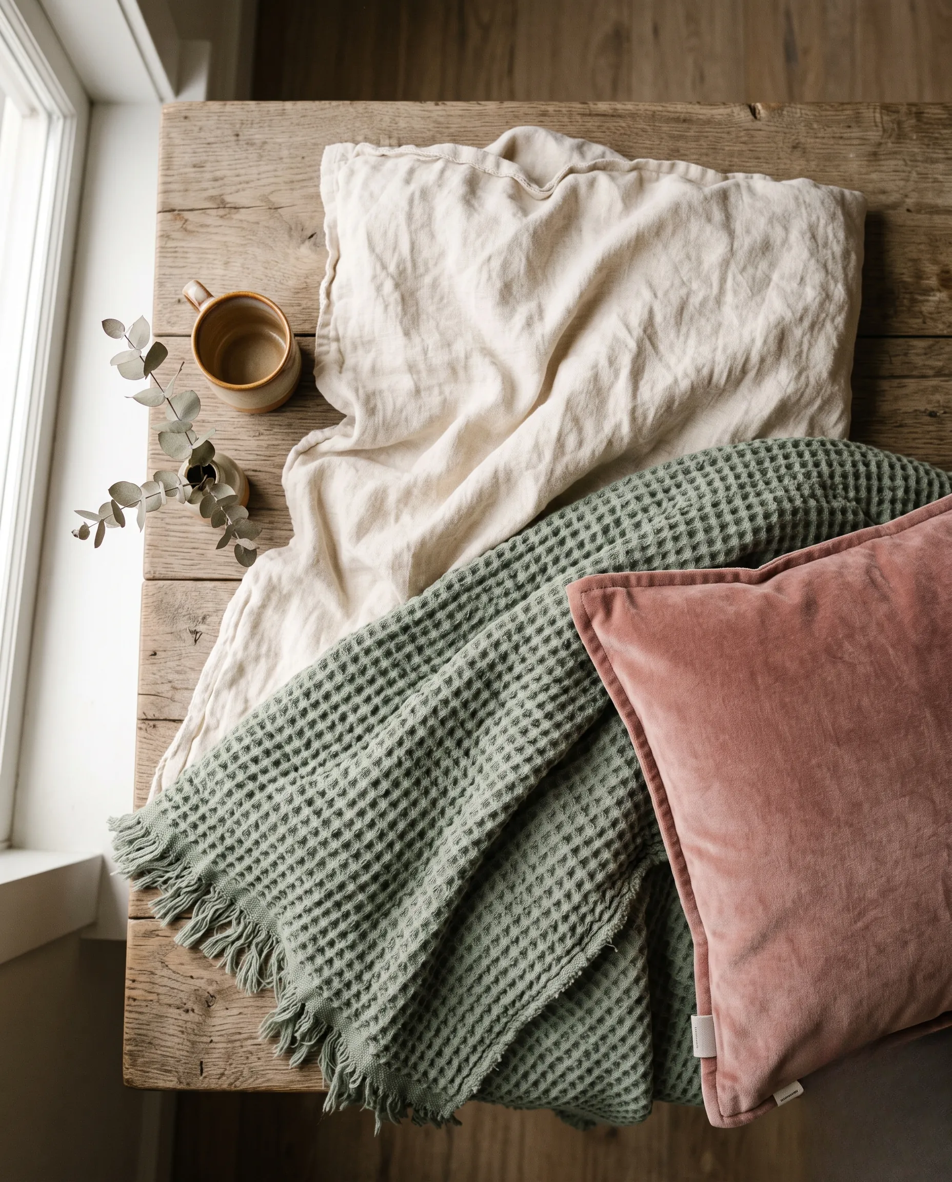 Composition en flatlay de textiles douillets et de linge de lit aux teintes pastel chaleureuses.
