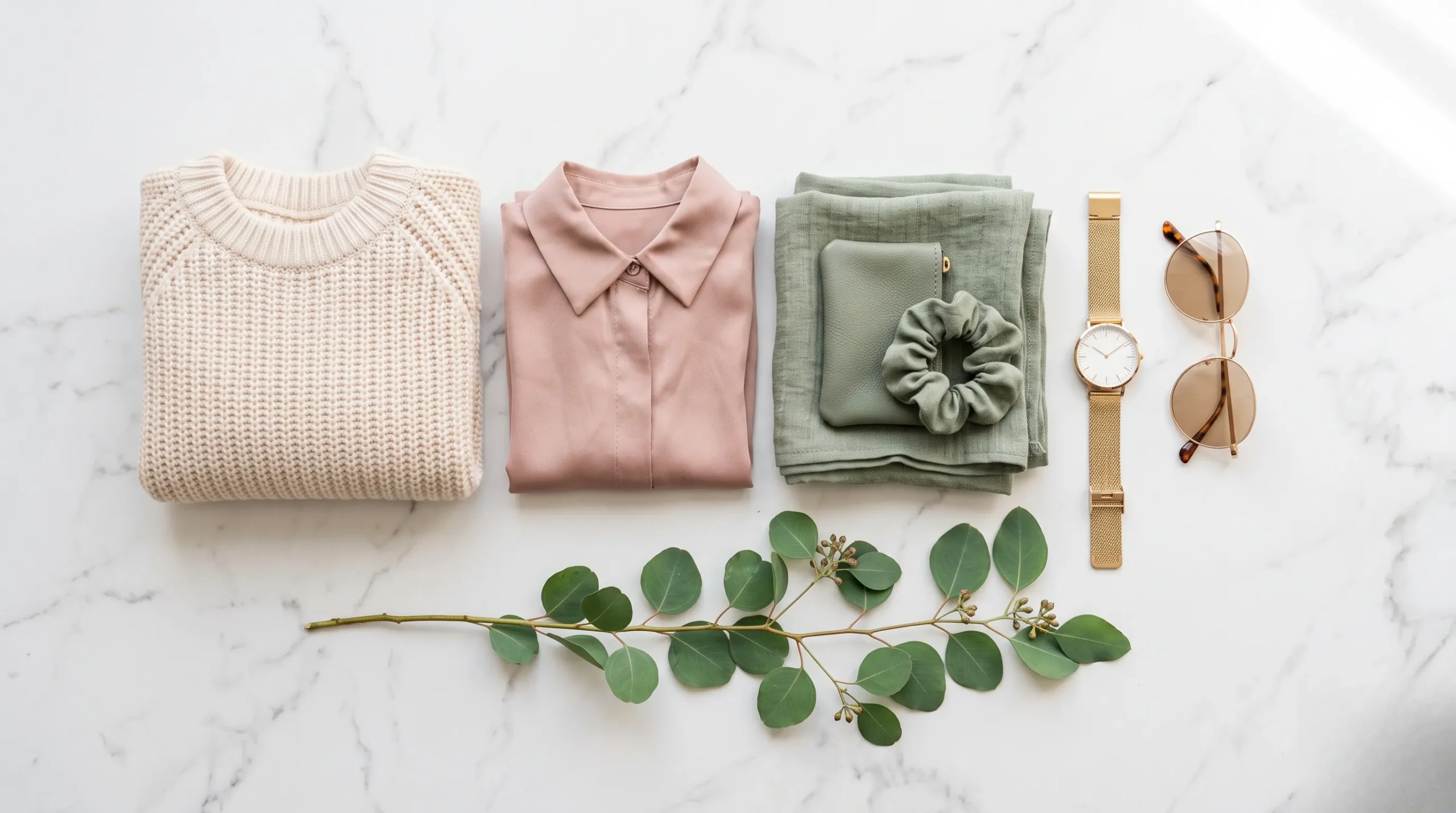 Photographie flatlay de vêtements minimalistes et d'accessoires aux couleurs pastel douces sur fond de marbre blanc. Trouver son style vestimentaire
