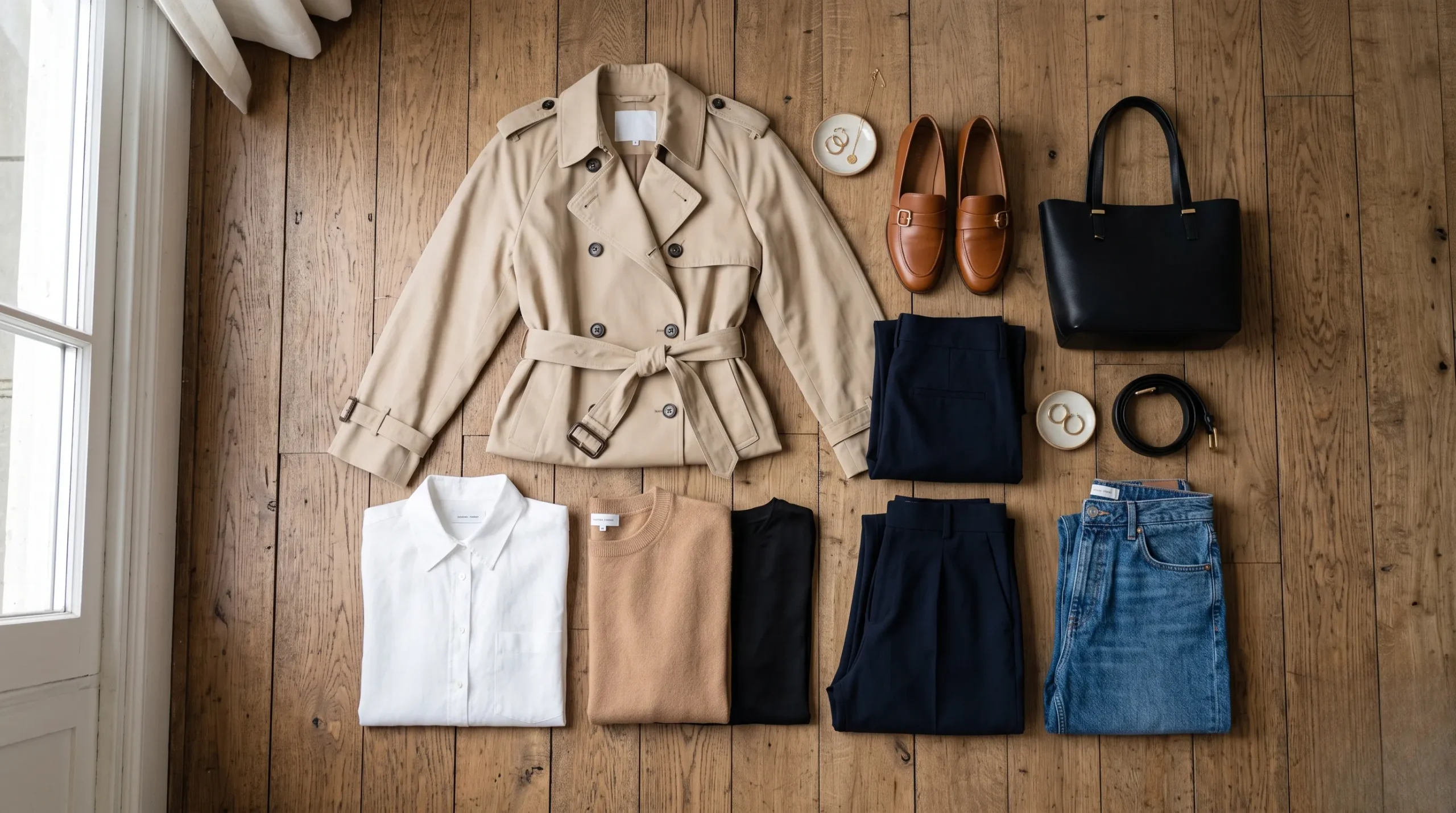 Vêtements basiques et élégants pour une garde-robe capsule organisée. Garde-robe capsule