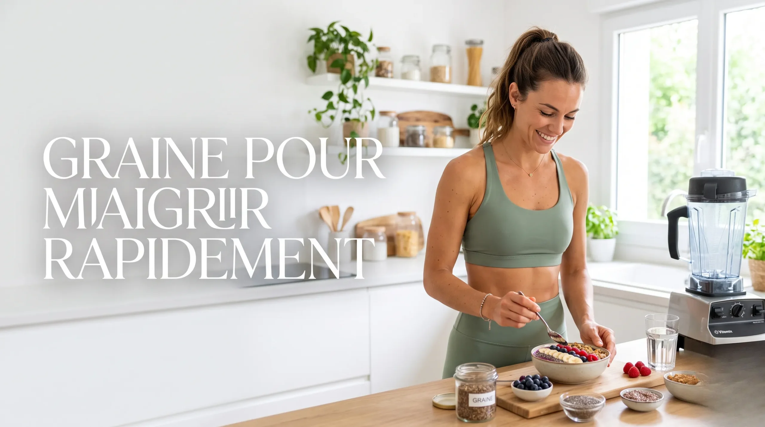 Femme préparant un bol santé avec des graines, style de vie sain et lumineux.